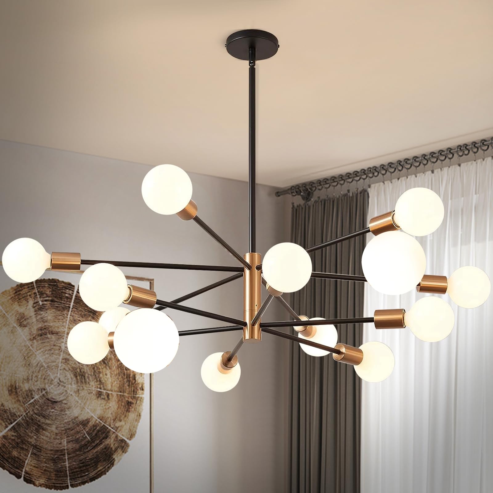 Sheetea 12-Light Sputnik Chandelier, Black And Gold Chandeliers Pendant Lighting, Modern Farmhouse Dinning Room Light Fixture Mid Century Brass, Height Adjustable For Living Room Kitchen Island