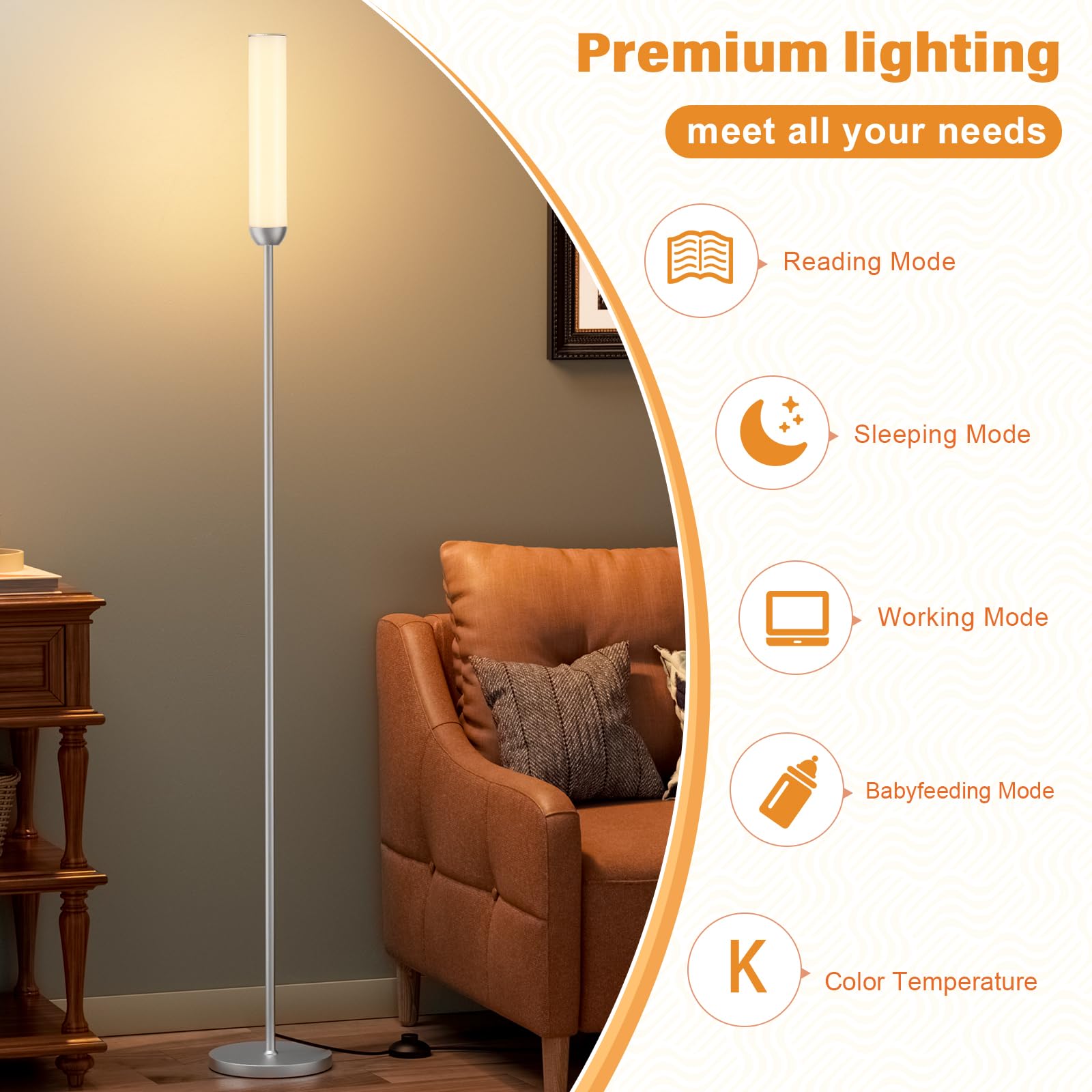Ambimall LED Floor Lamp, 65in Stepless Adjustable 3000K-6500K, Remote Control, Silver, Model RPT-ZGLED1-2