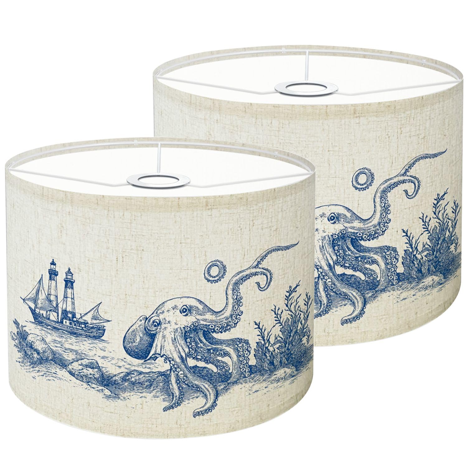 Lamp Shades Set of 2 Blue Deep Sea Toile Sailing Ship Lighthouse Octopus Seaweed Ocean Drum Lampshades 8.9x11x11 for Table Lamps