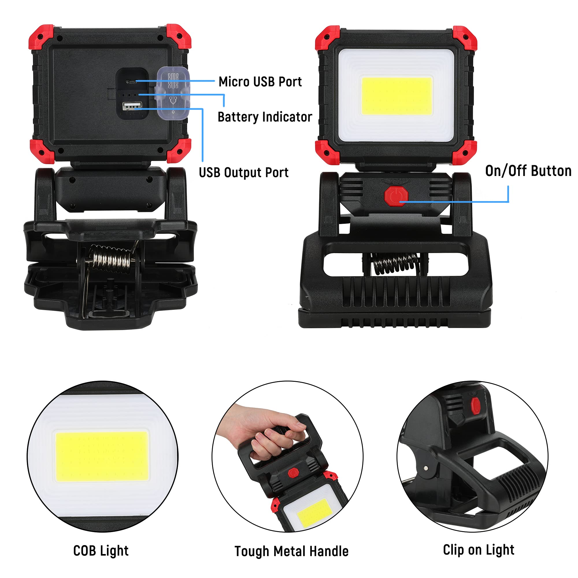 EASYMAXX LED Rechargeable Work Light - 2100LM COB Magnetic Clip, 270° Rotating, Portable Clamp Light for Boats & Car Repairs, Red