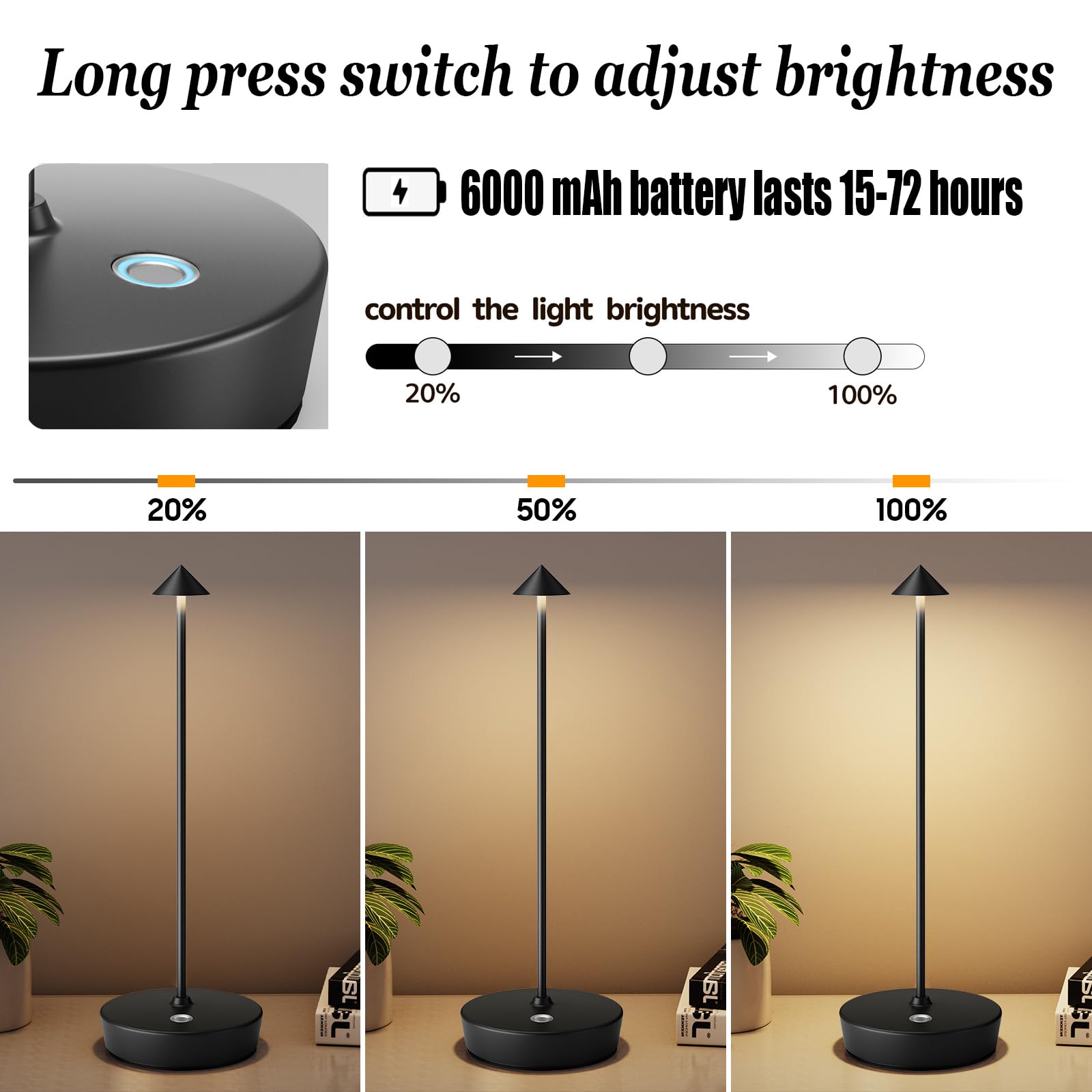 YIBEN Rechargeable Cordless Table Lamp, 6000mAh Battery, 3 Levels Brightness, 4.3 x 4.3 x 12.8 inches, 2