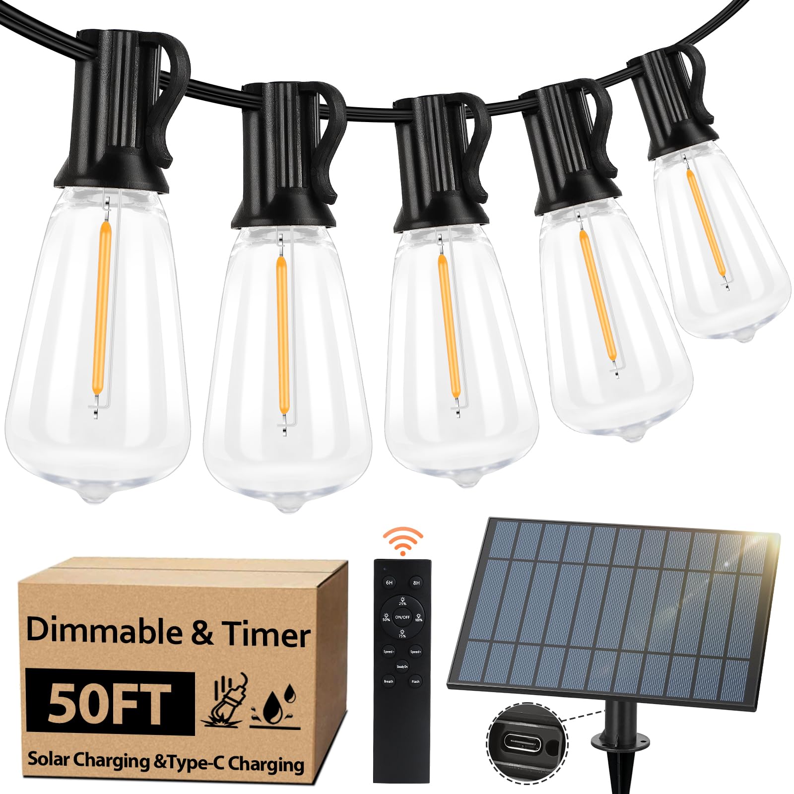 Bosceos 50 FT Solar String Lights for Outside, Solar Powered Outdoor String Lights, Dimmable Patio Lights with Remote Timer, 3 L