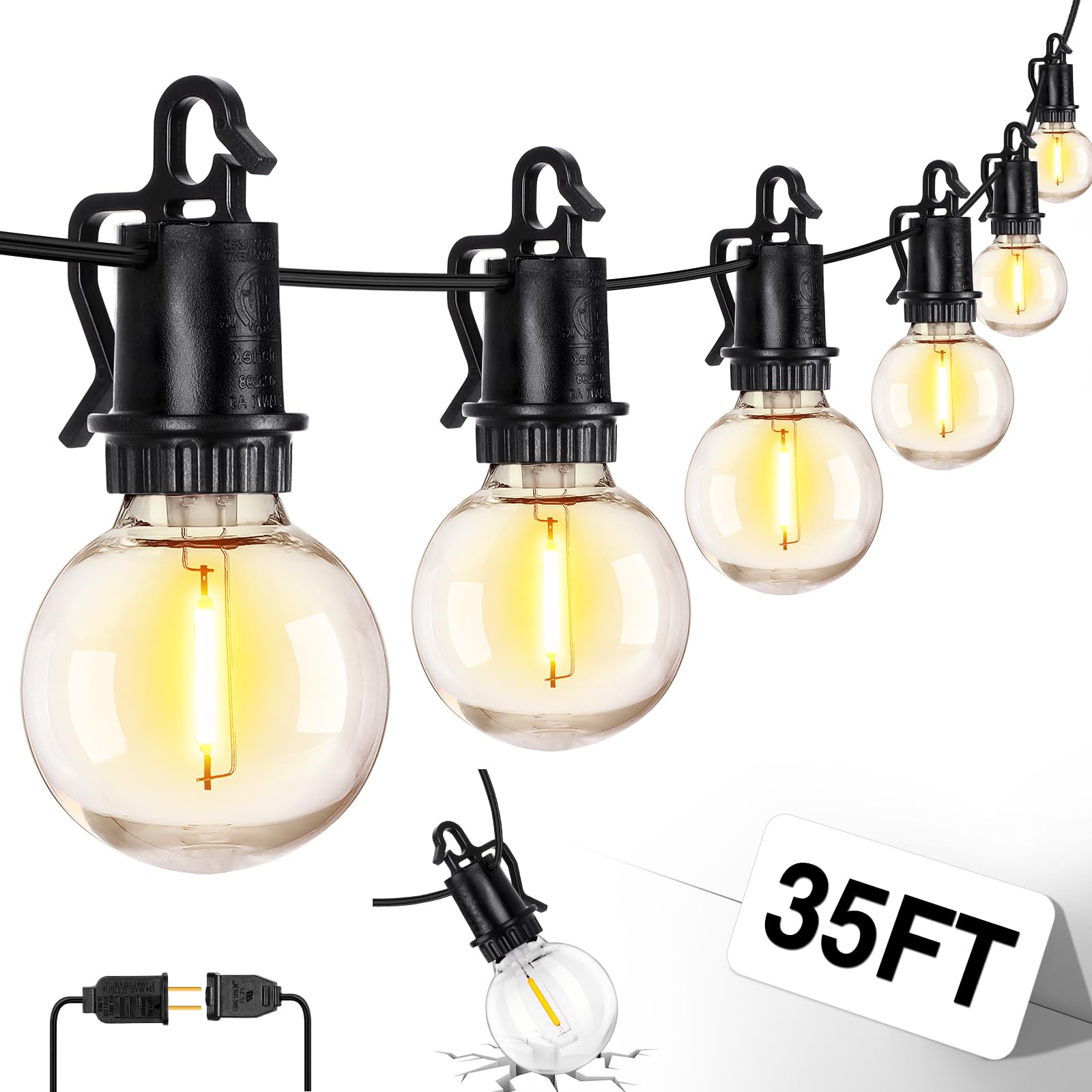 ZJOJO 35FT Outdoor String Lights, G40 Globe, 15 Shatterproof LED Bulbs, 2700K, IP65 Waterproof, Black