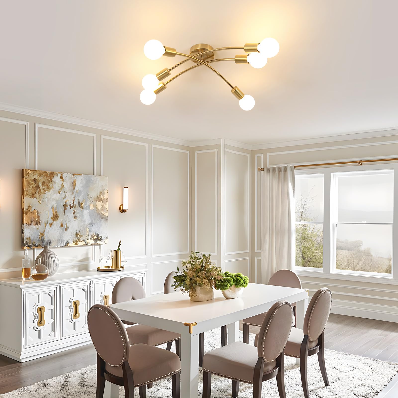 Tealight Gold Sputnik Ceiling Light Fixture  Modern 6-Light Sputnik Chandelier With 350 Rotatable Arms  E26 Bulb Compatible For Living Room  Bedroom  Dining Room - Stylish Home Decor Lighting