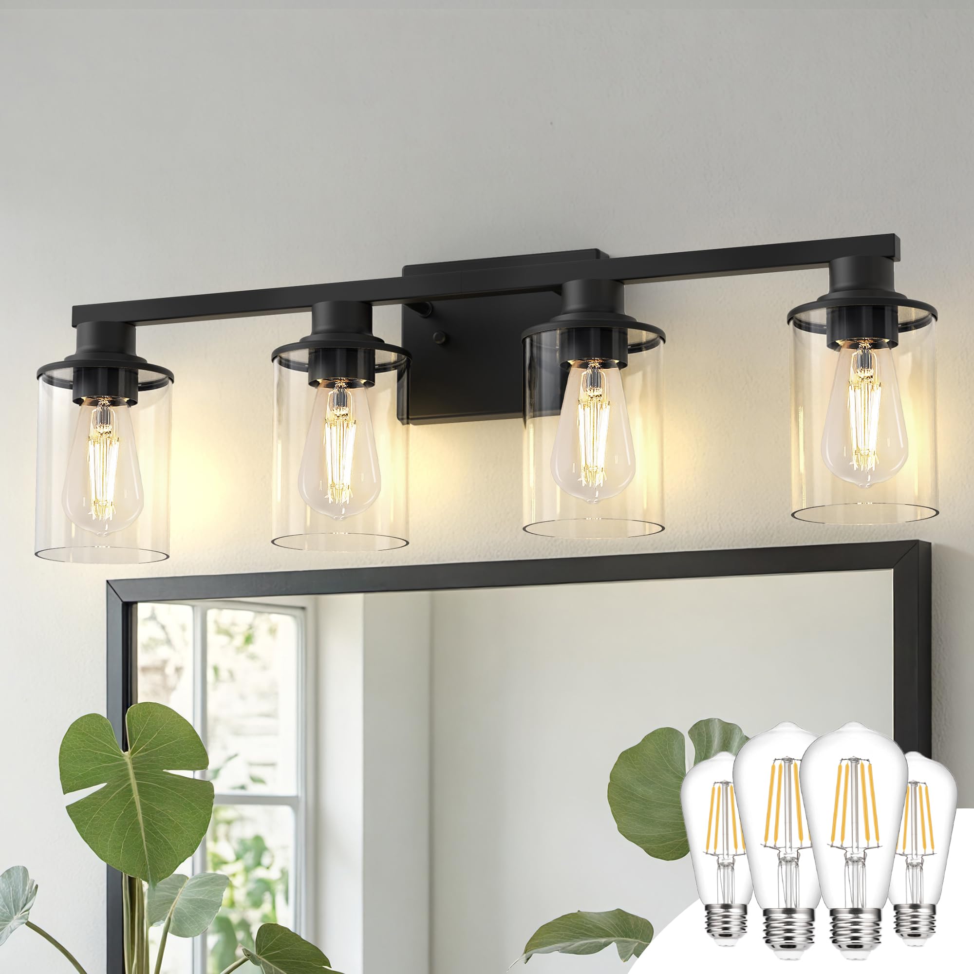 Doresshop Bathroom Light Fixtures  4-Light Black Bathroom Lighting Fixtures Over Mirror With Glass Shade  Modern Vanity Lights For Hallway Bedroom  Includes Bulbs