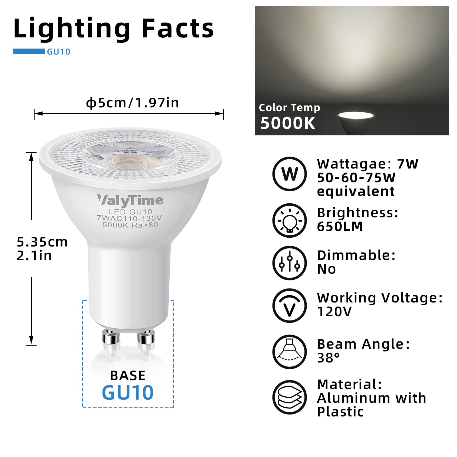 Valytime GU10 LED Light Bulbs 7W, 5000K Day White, 650Lm, Not Dimmable, 6 Count, Aluminum Halogen Replacement for Indoor Recess