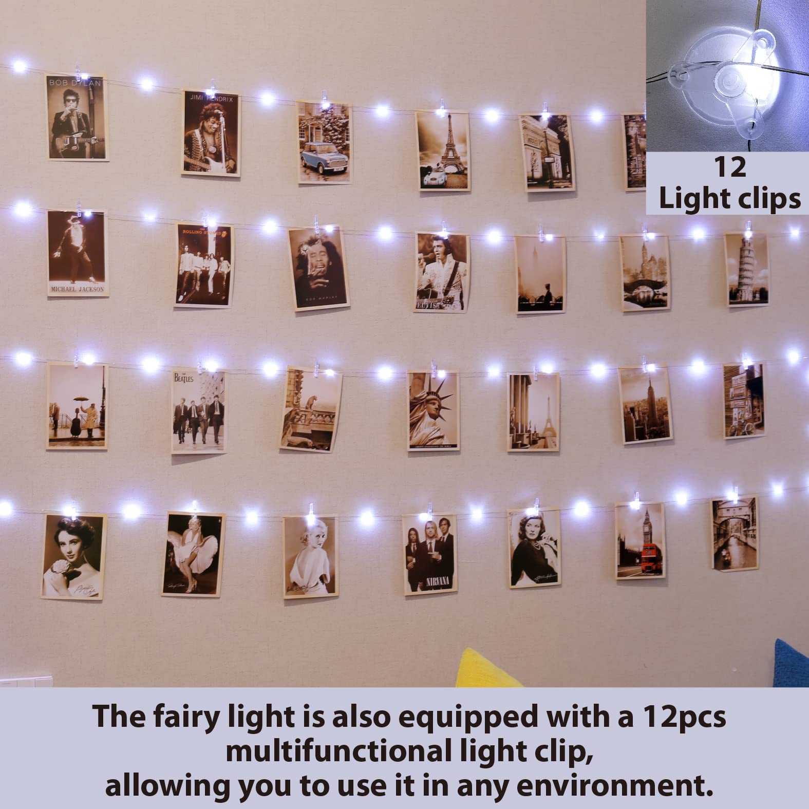 HXWEIYE Copper Wire String Light, 120LEDs, 40Ft, USB Powered, 8 Modes, White, with 52 Clips & 12 Hooks for Photos, Bedroom, Wedding