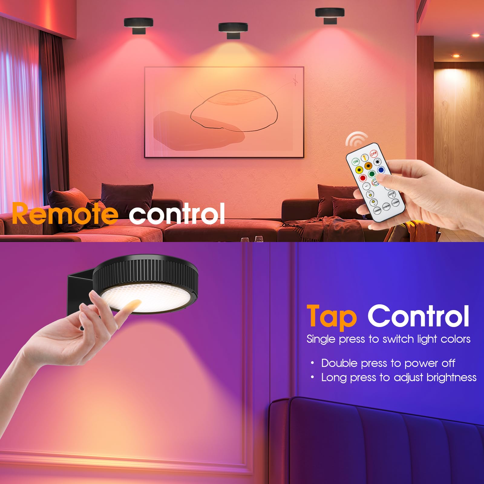 SIXDEFLY RGB Magnetic Suction Spotlight - Wireless, Remote Control, Adjustable Timer, 3 Pack, Black, Model 8b302790-93cf-4022-8b35