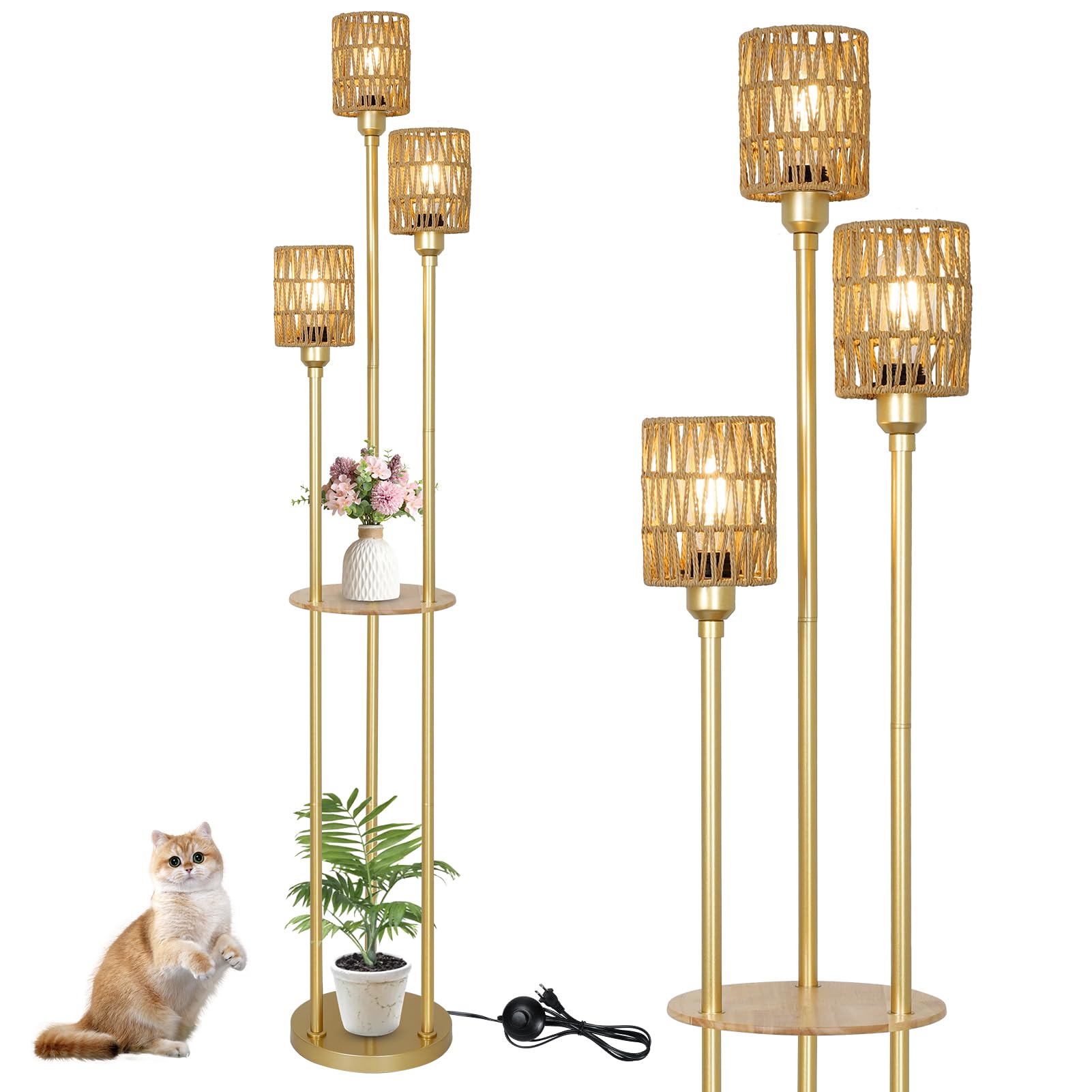Stepeak Boho Floor Lamp with Shelves, 3-Lights Farmhouse Tall Floor Lamp with ON/Off Foot Switch, Gold Modern Floor Lamps with R