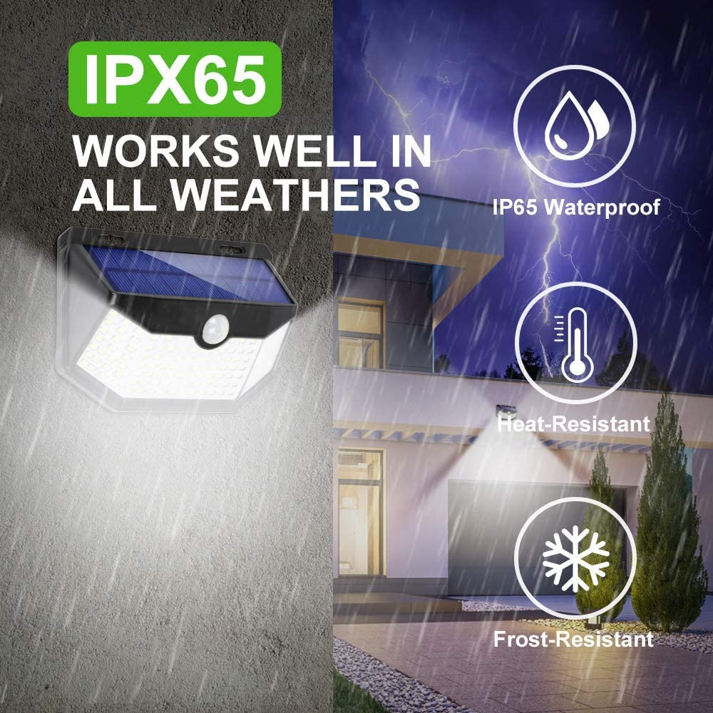 HMCITY Solar Lights Outdoor 120 LED, Motion Sensor, IP65 Waterproof, 2Pack, Black Shell-Daylight White, Model HM-2