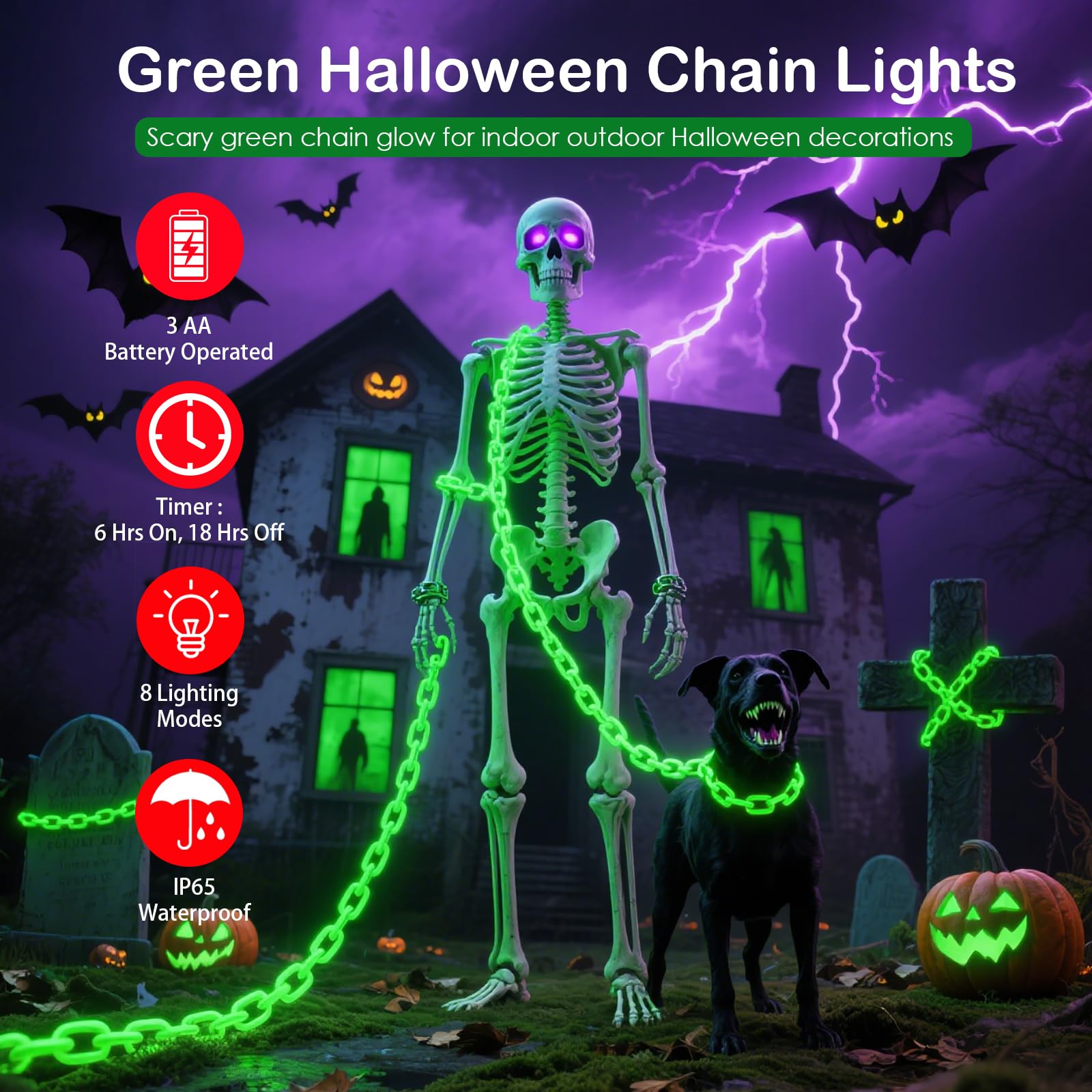 Ohwewant 10Ft Green Chains Battery Operated Halloween Lights  Halloween Decorations Outdoor Indoor  8 Modes Timer Lighted Prop Chains For Party Haunted House Skeleton Dog Creepy Costumes Cosplay