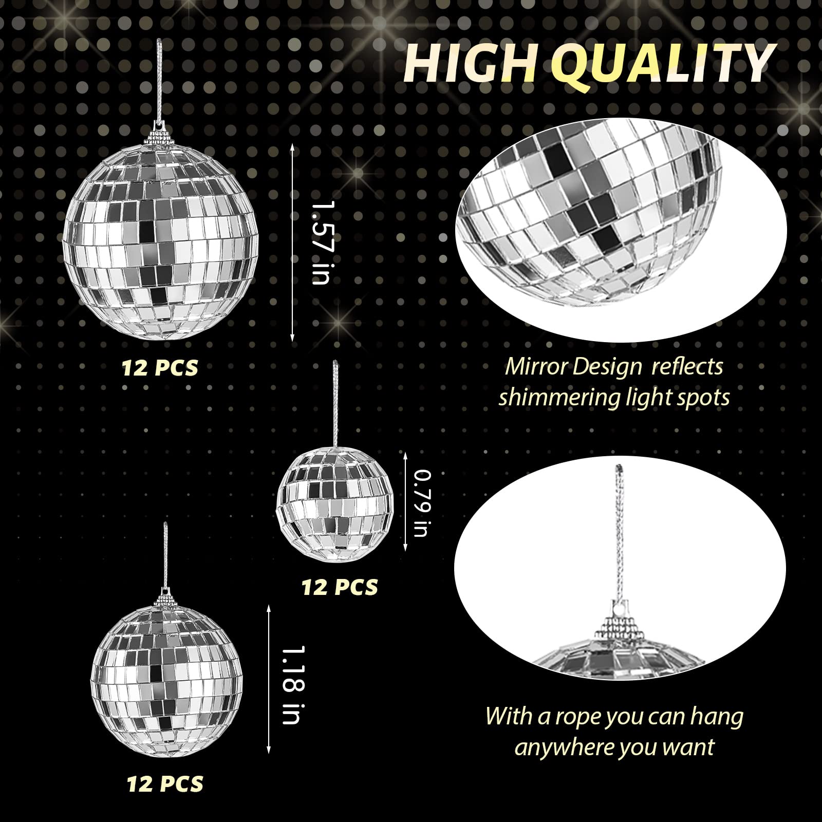 36 Pieces Mirror Disco 4D Ball Silver Hanging Disco 4D Ball Small Party Mirror Balls Cool Reflective Decor Christmas Tree Ornaments For Wedding Party Dance Music Festival, 3 Sizes