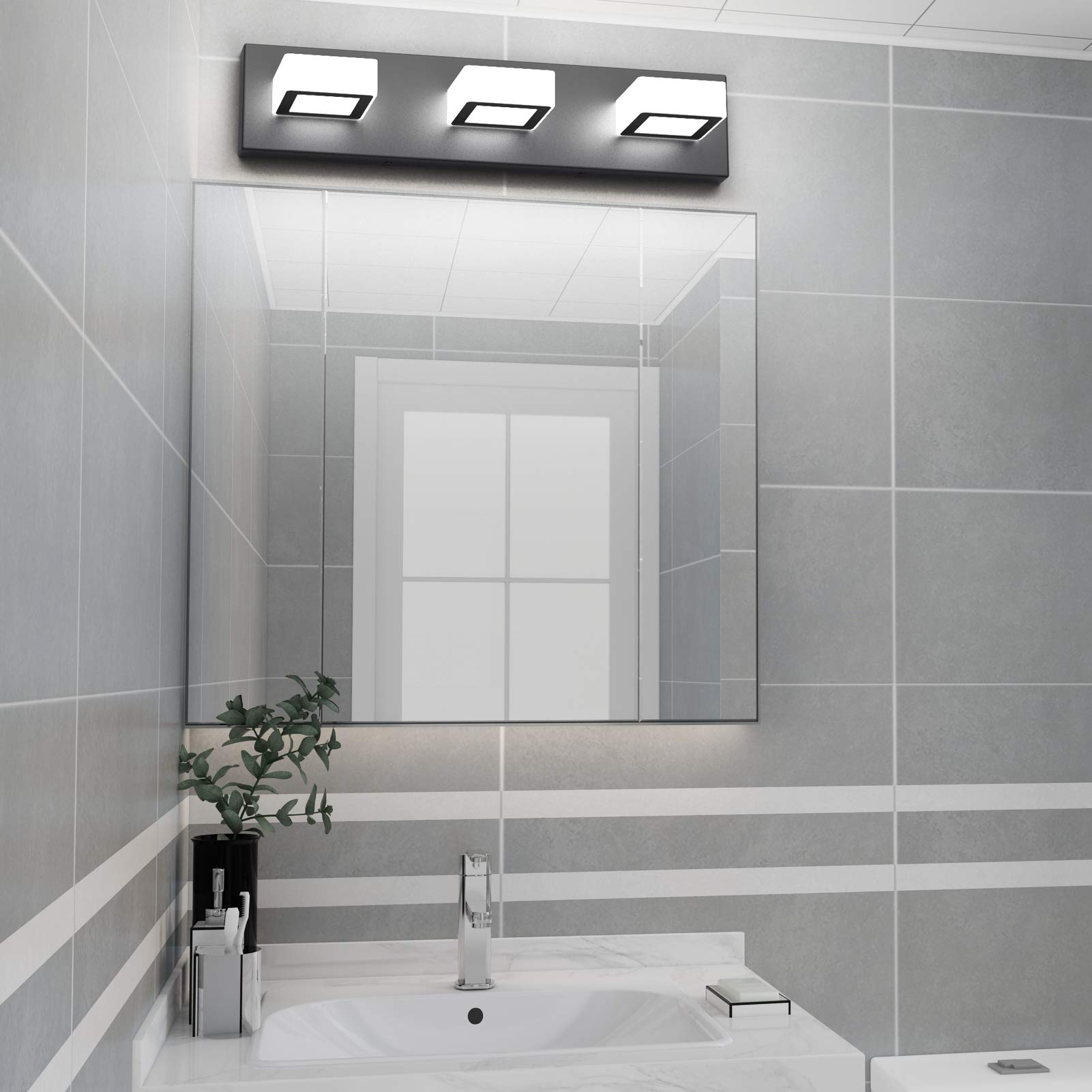 Ralbay LED Modern Black Bathroom Vanity Lights, 3-Light Acrylic Fixture, 20" Metal, Black-White Light, Model 8590