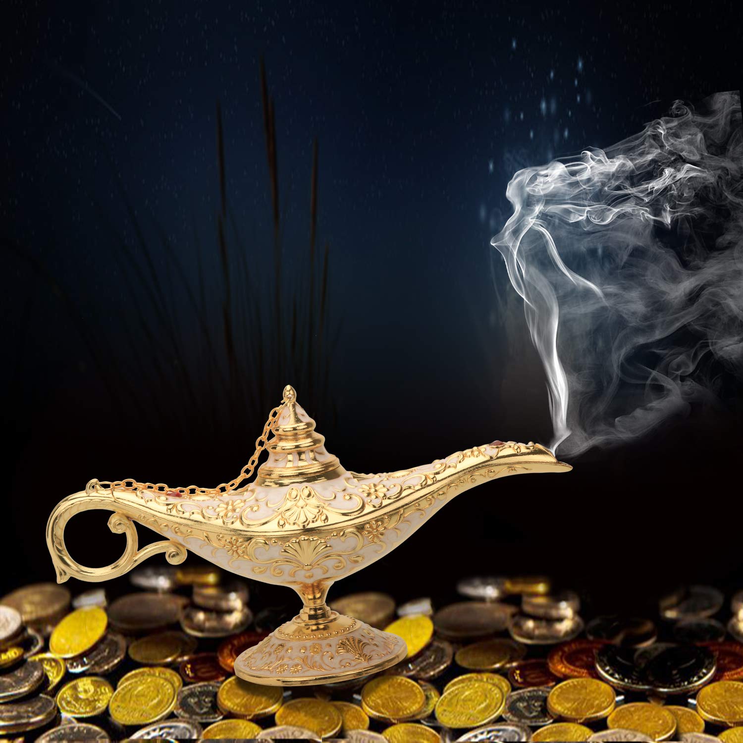 K Cool Classic Aladding Magic Genie Lamp Legend Wishing Light Costume Lamp Metal Carved Cone Incense Burner For Home Tabletop De