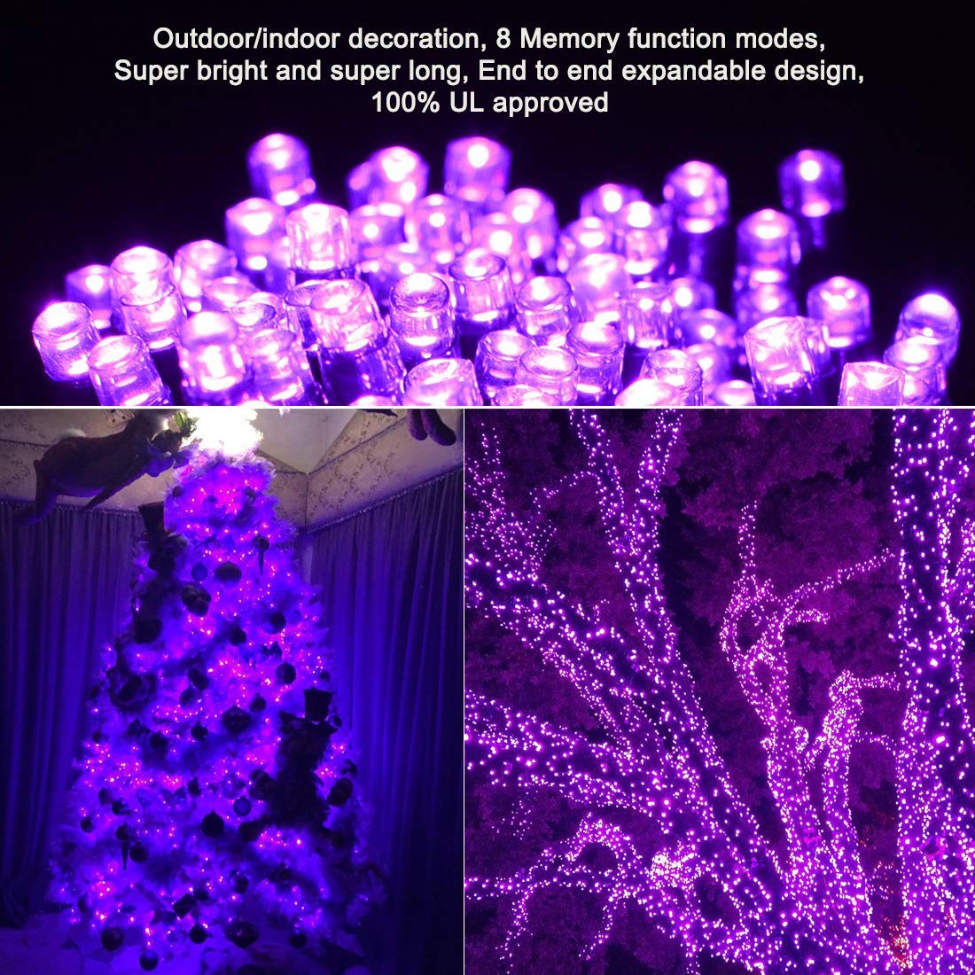 Purple Lights Christmas - 320 Led 35M/115Ft 8 Modes End-To-End Plug In Indoor/Outdoor Waterproof Decorative Inside/Outside Fairy Twinkle Xmas Tree String Lights For Halloween/Wedding/Patio/Room/Home