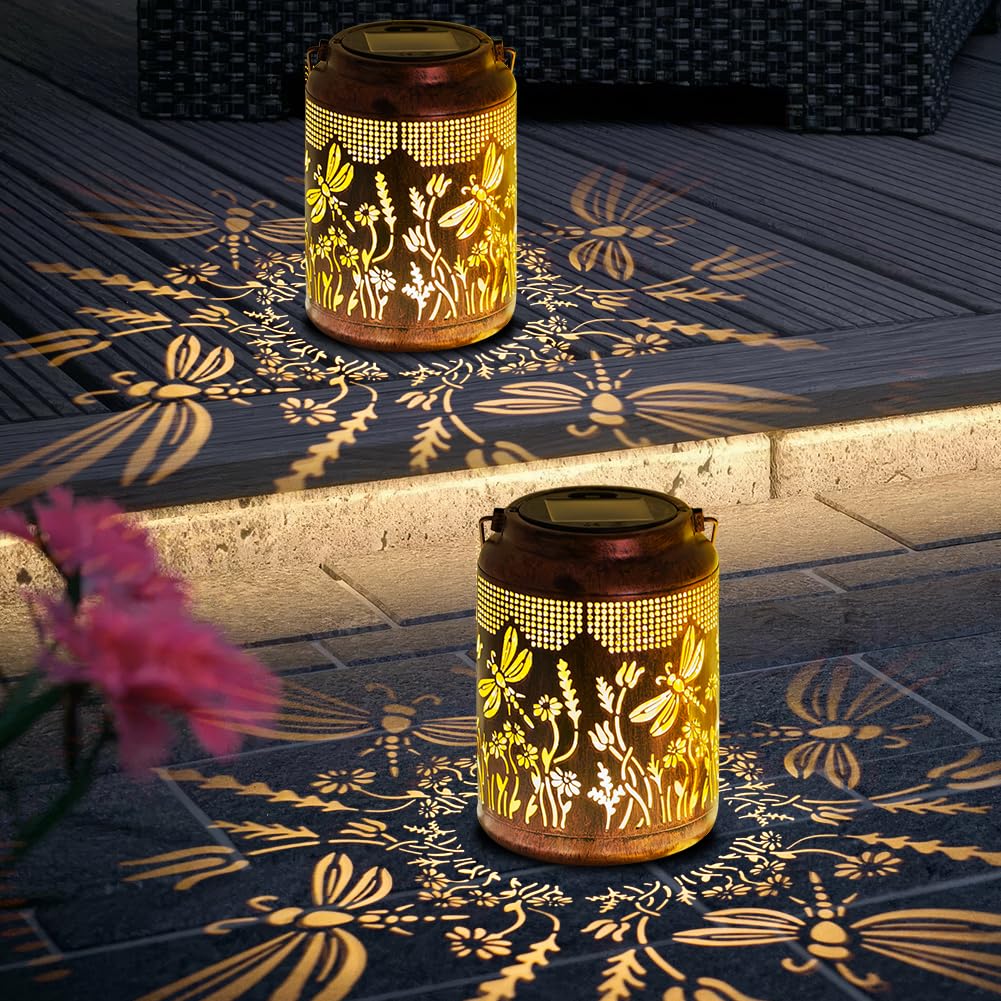 YELENEW 2 Pack Bee Solar Lanterns Outdoor Waterproof Hanging Solar Lights LED 6.9 Metal Flower Bee Decorative Lantern for Patio,