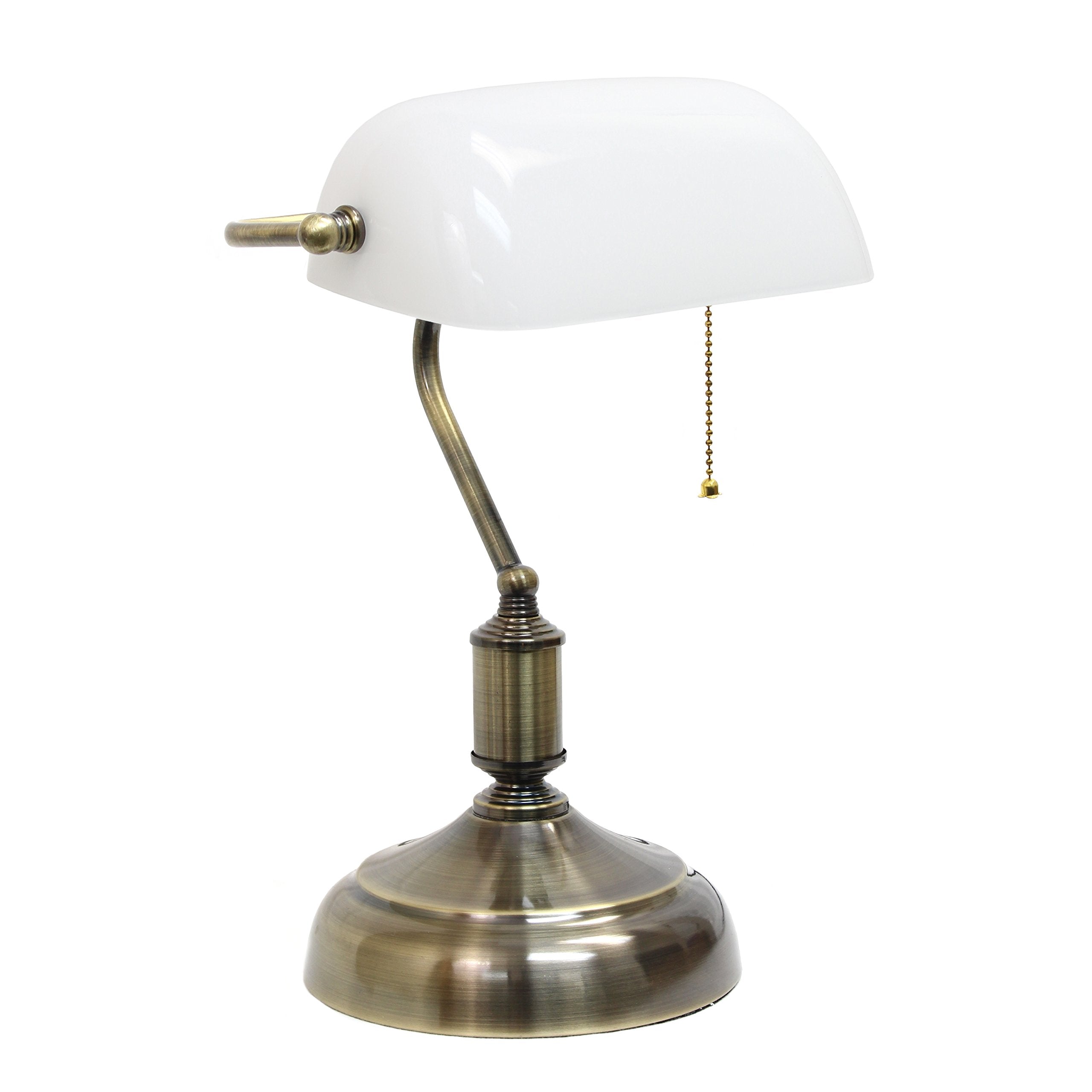 Simple Designs Lt3216-Wht Executive Banker'S Desk Lamp With Glass Shade, White, Antique Nickel/White, 10 X 8.66 X 14.75