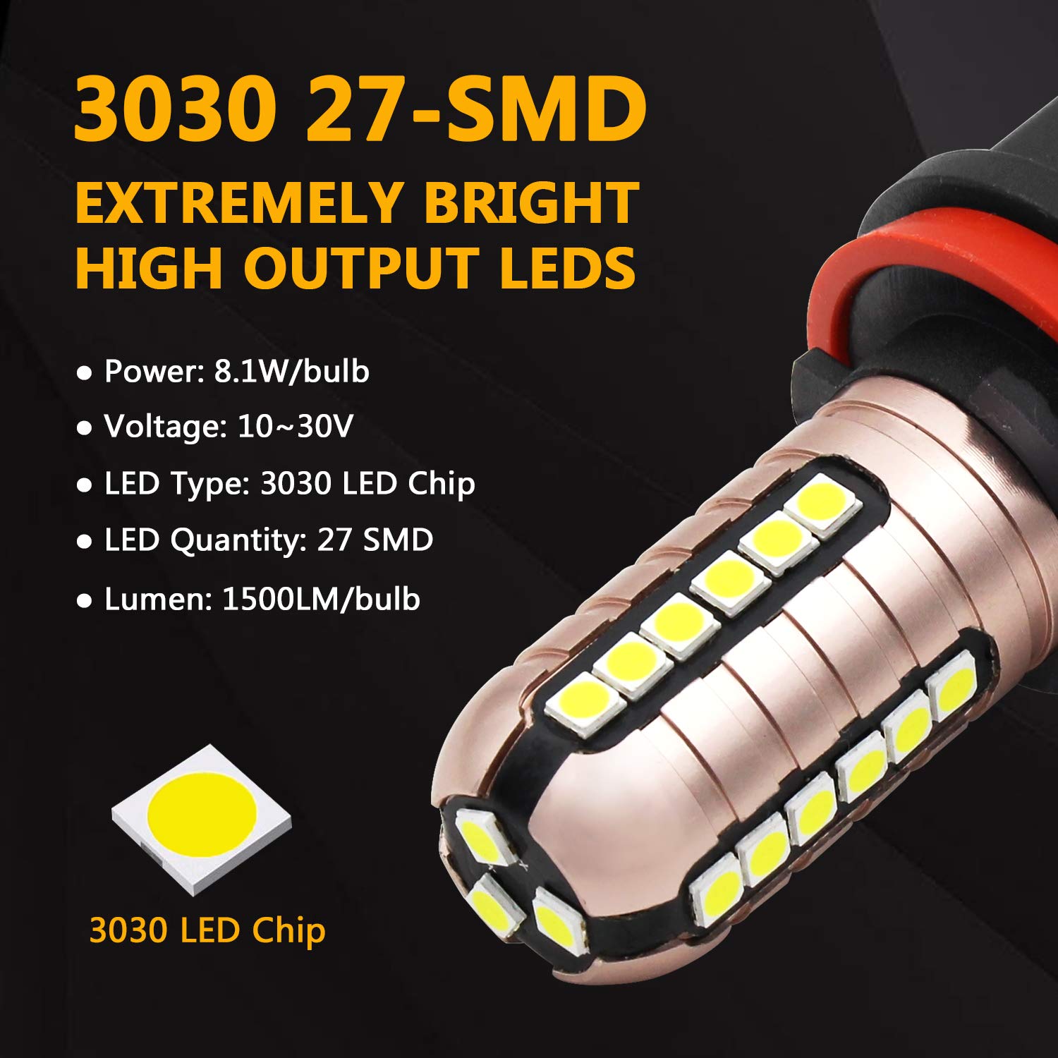 PHINLION H11 LED Fog Light Bulbs, 6000K Xenon White, Super Bright 3030 27-SMD, Replacement for H8/H16, Pack of 2
