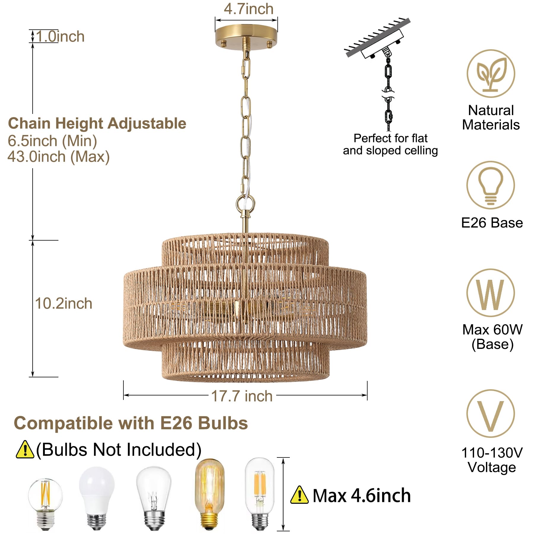 Giutna 17.7''Large Boho Rattan Farmhouse Chandeliers For Dining Room,4-Light Rattan Hand-Woven Rustic Drum Chandelier Pendant Li