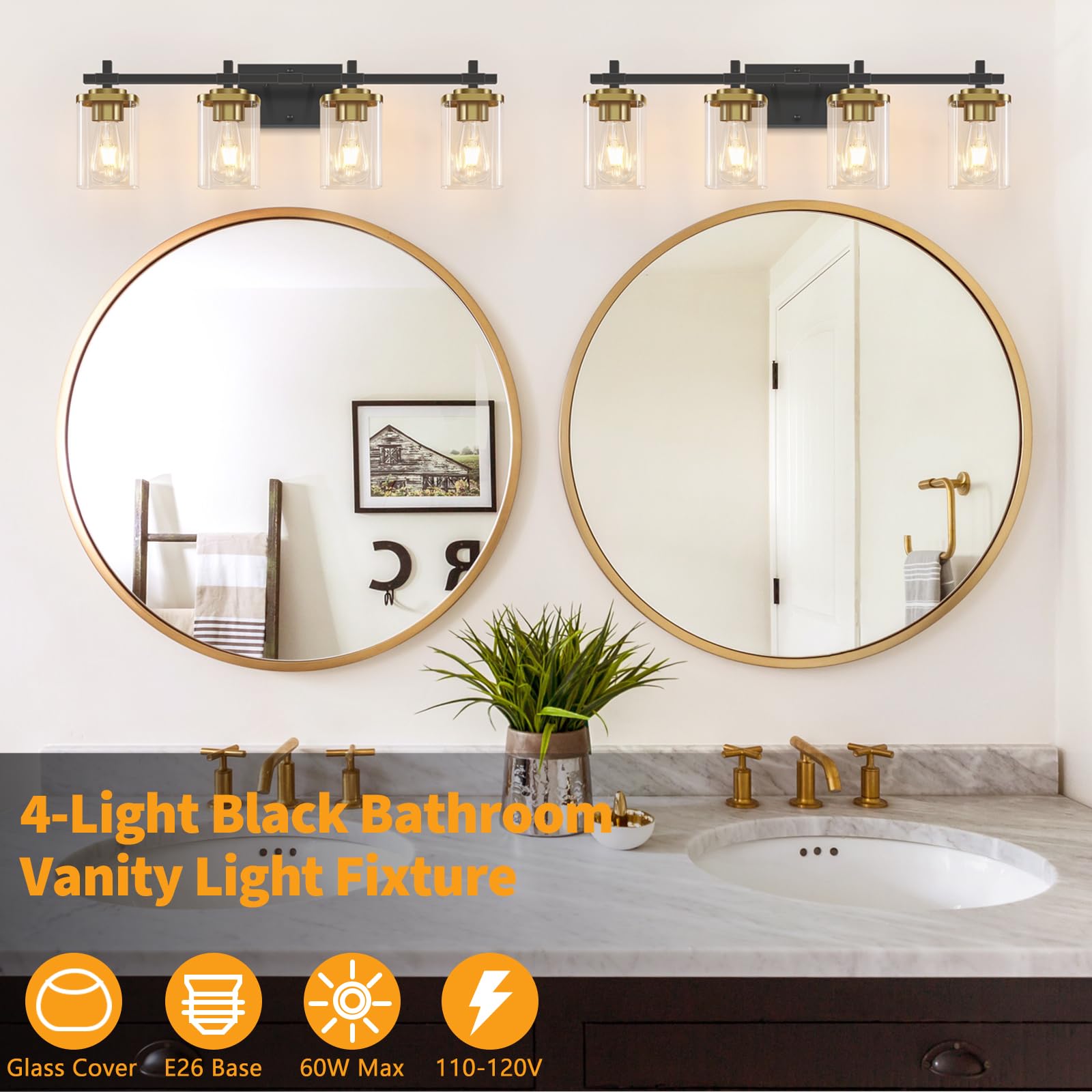 Spiglamm 4-Lights Black And Gold Bathroom Vanity Light, Modern Bathroom Wall Sconces Lighting With Clear Glass Shade, Gold Vanit