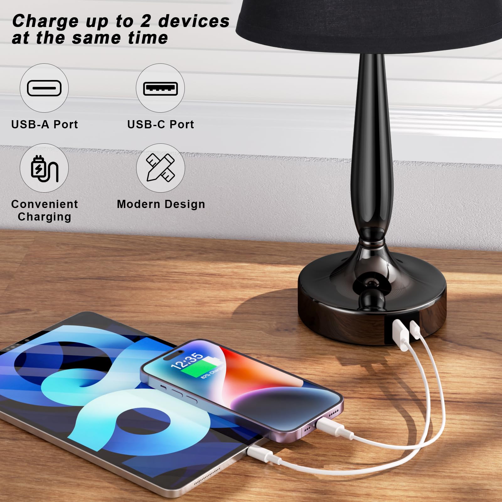 Kakanuo Touch Bedside Lamp - 3-Way Dimmable Nightstand Lamp with 2 USB Ports, Black, LED Bulb Included, 1 Pack