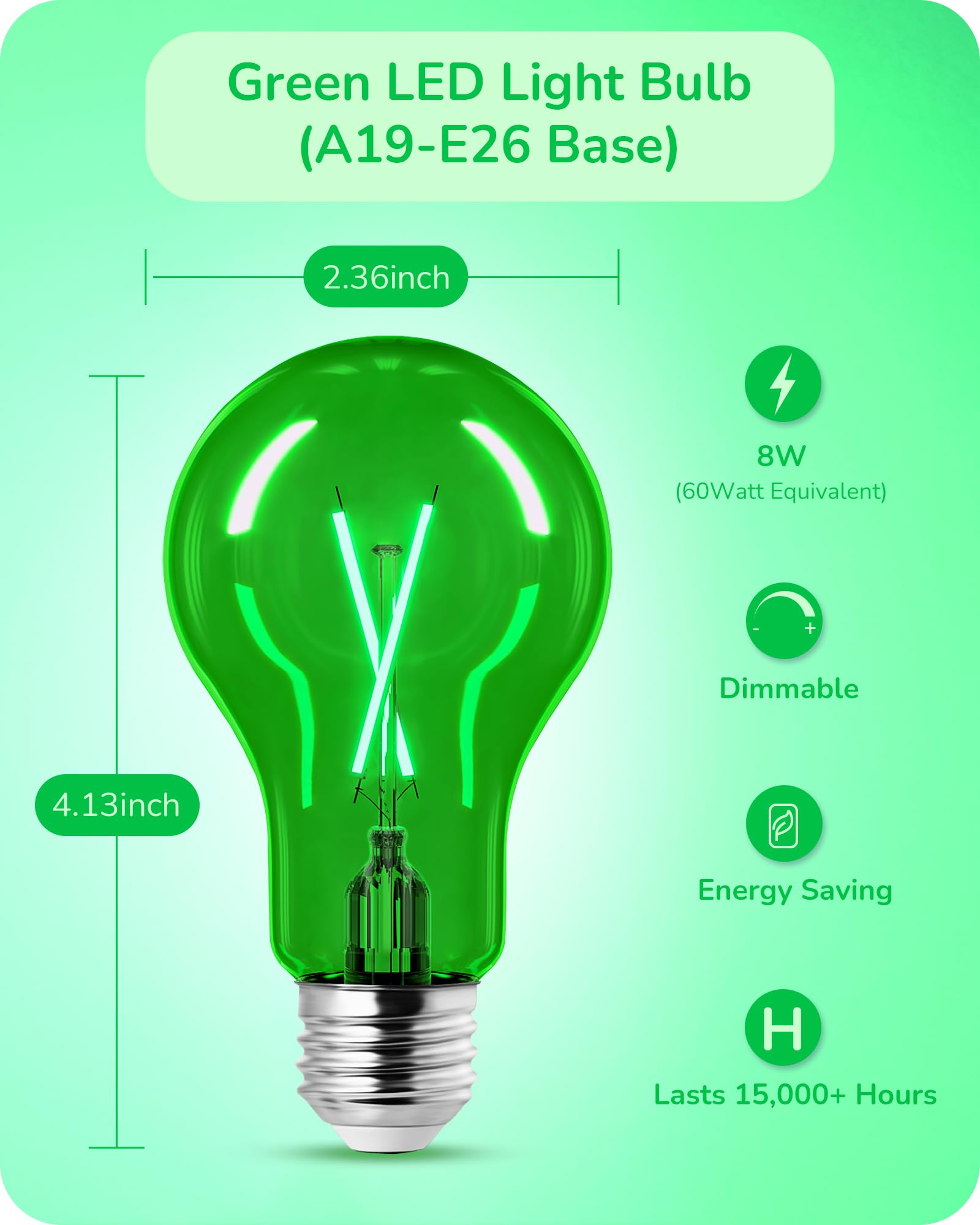 EDISHINE 8W A19 Dimmable Green LED Light Bulb, UL Listed, E26 Base, 4 Pack - Perfect for Christmas Decorations and Home Lighting