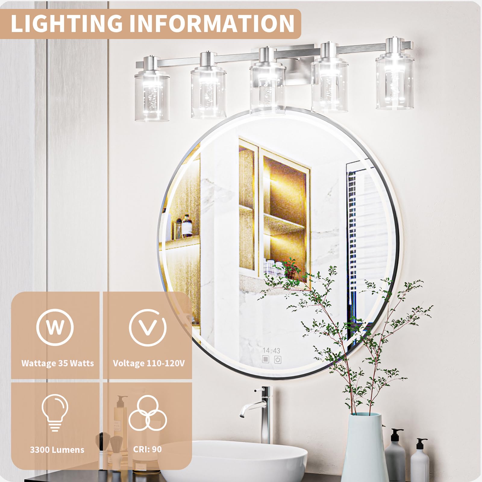 Quntis 5-Light Bathroom Vanity Light Fixtures, Brushed Nickel, Dimmable with Glass Shade, Includes Bulbs, Model 5-Light