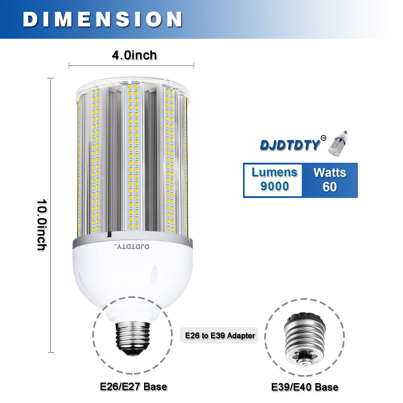 DJDTDTY 60W LED Corn Light Bulb, 9000 Lumen, E26/E39 Base, 5000K Daylight, Aluminum, 1 Count (Pack of