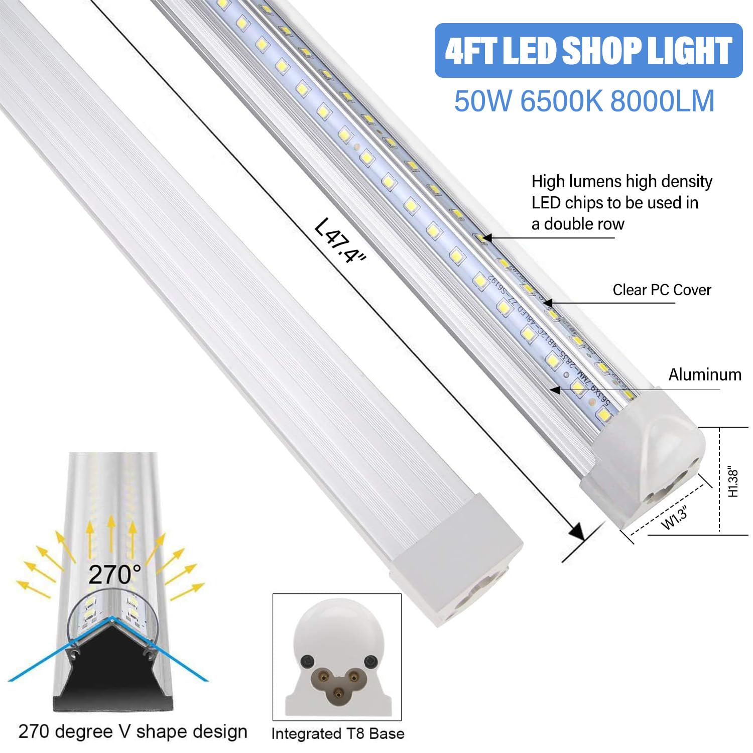 10Pack 4Ft Led Shop Light - 50W 8000Lm 6500K Linkable Clear Cover T8 Led Tube Light For Workshop, Warehouse, Basement - Plug And