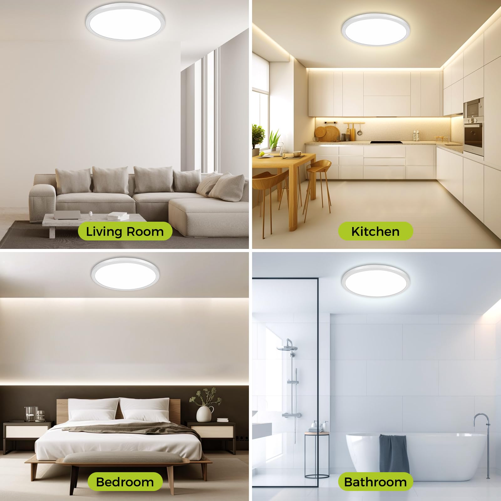 Hepside 20Inch Flush Mount LED Ceiling Light Fixture, 45W, 4500LM, Dimmable, 3 Color Selectable, White, Plastic