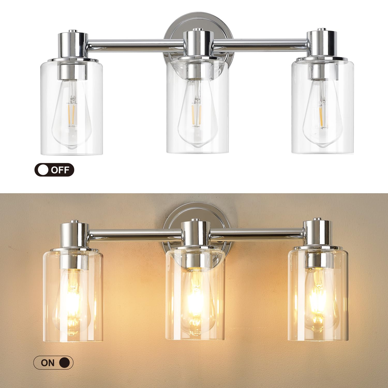 ALAISLYC Chrome 3 Light Bathroom Wall Sconce with Clear Glass Shades for Vanity E26 Base