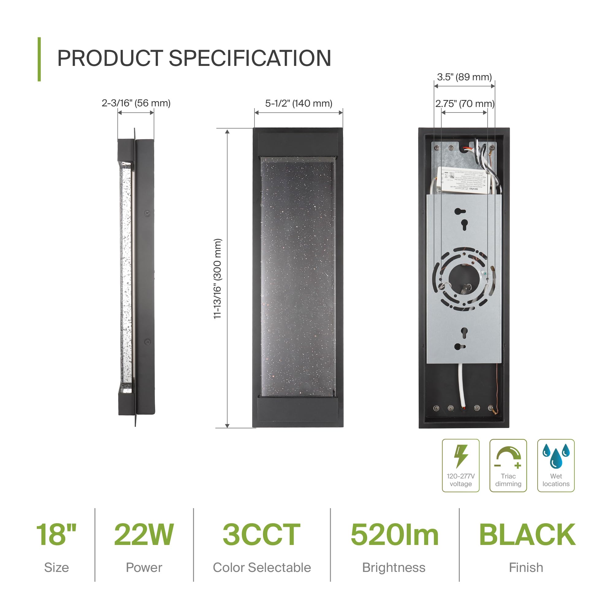 ASD LED Wall Light Fixture - 18 Inch, 22W Dimmable, 3CCT, Waterproof, Black, Model A-LWS28SM18D22CCB