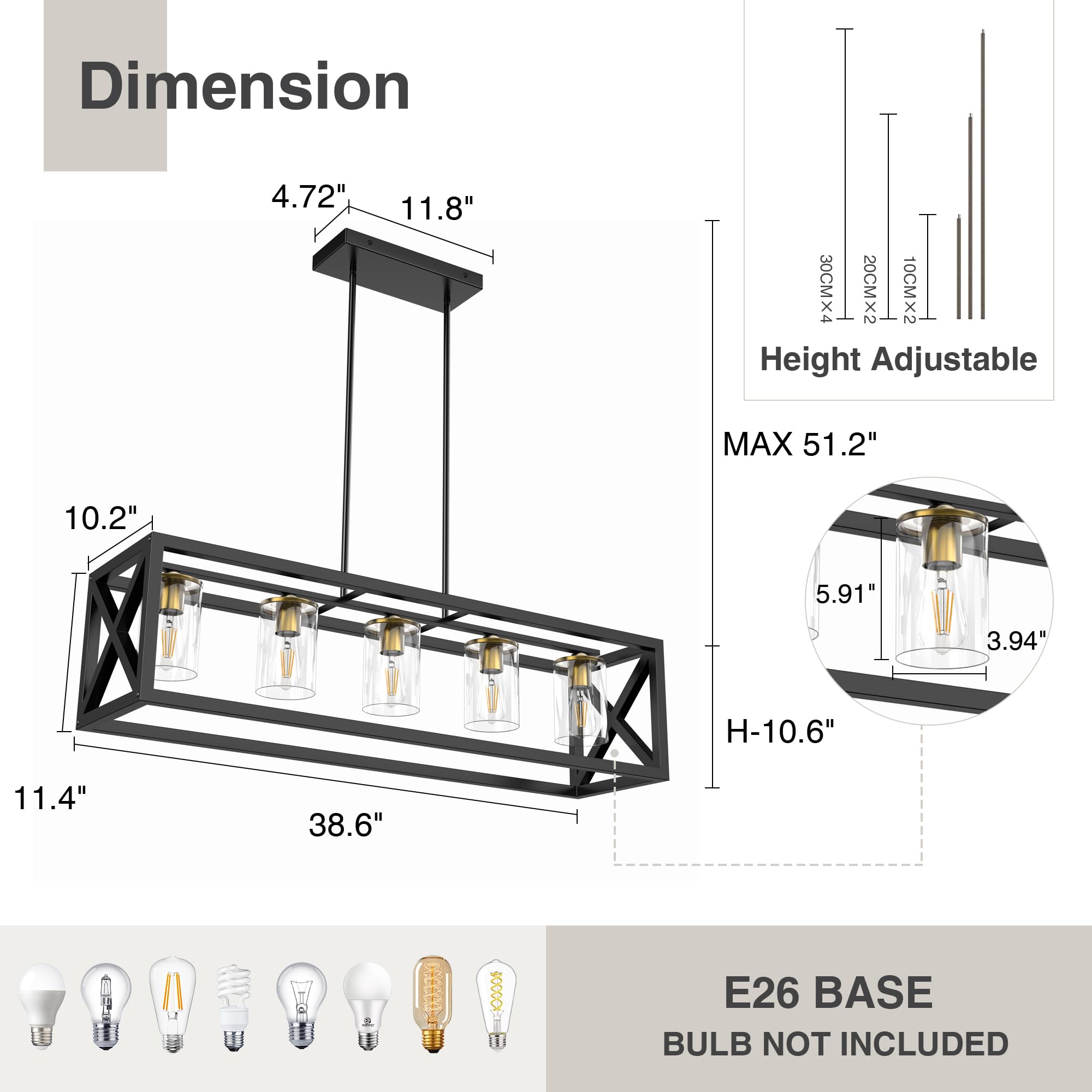 Espird Black Gold Dining Room Light Fixture - 5 Light Chandeliers For Dining Room With Clear Glass Shade & Adjustable Height & T