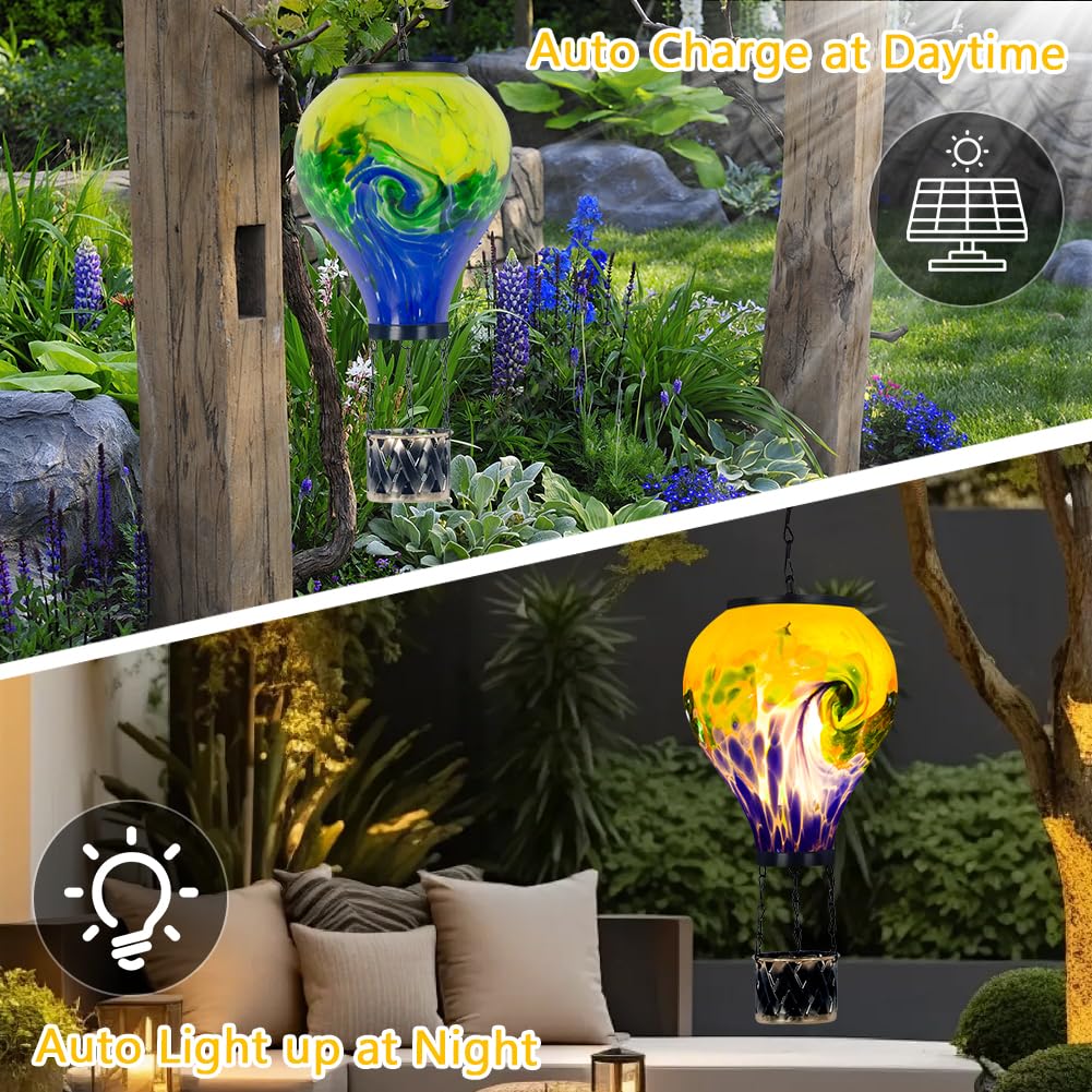 Giole Tie-Dye Style Solar Hot Air Balloon Outdoor Lantern With Flickering Flame, Waterproof Hanging Outdoor Lantern Decorative G