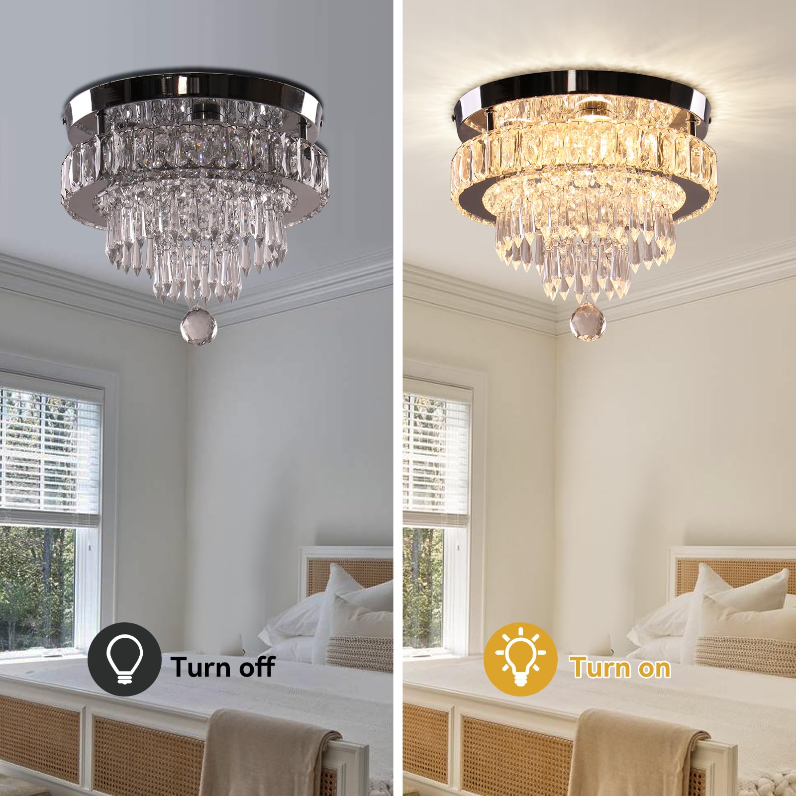 Finktonglan Square Crystal Chandelier, 13'' Dimmable Flush Mount Light with Remote - Ideal for Dining Room, Bedrooms, Living Room