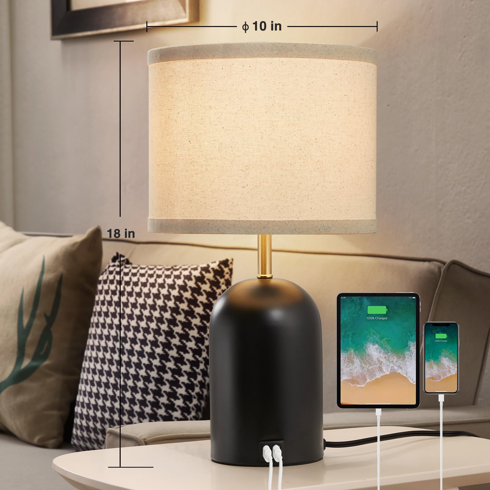 GyroVu Touch Control Table Lamps Set of 2, 18" Gold & Black, 3-Way Dimmable with USB Ports, Fabric Shade, LED Bulbs Included