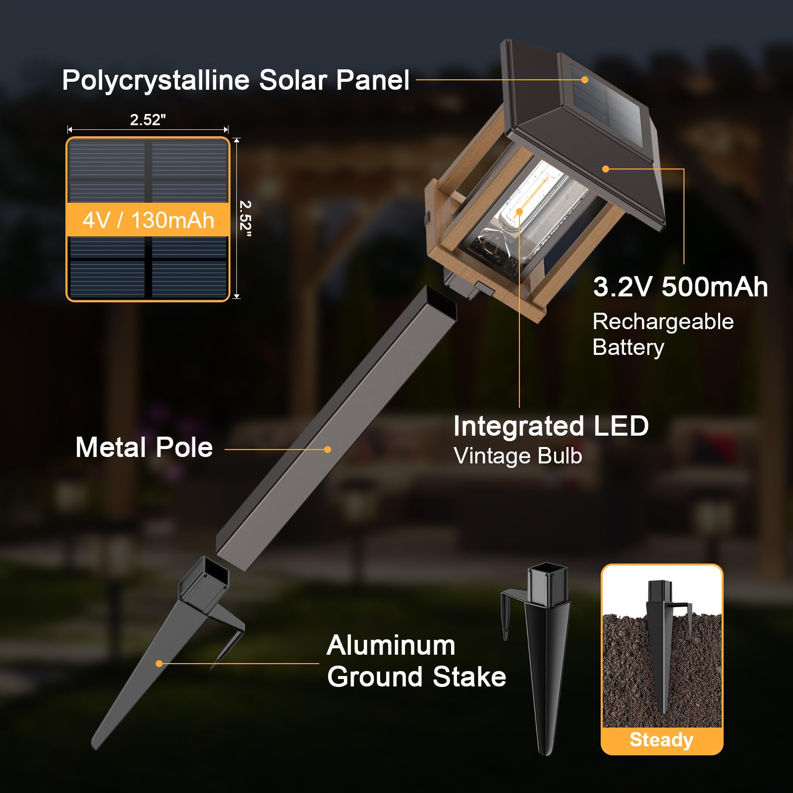 XMCOSY+ Solar Pathway Lights 4-Pack, Vintage Edison LED, 25 Lumens, IP65 Waterproof, Two-Tone Bronze & Wood Color, Model HW-6166B