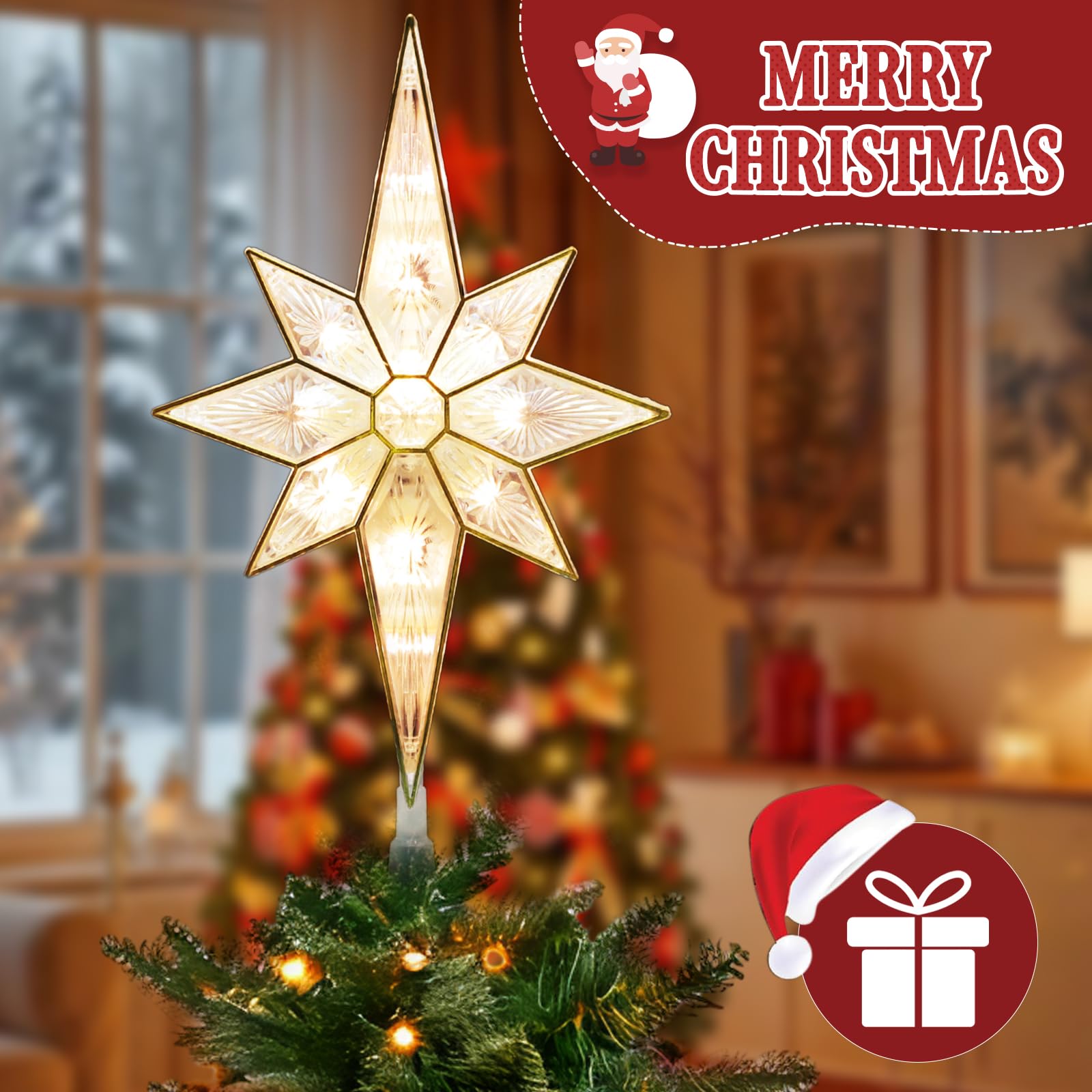 LAMPHOME 12in Lighted Christmas Tree Topper, Warm White Bethlehem Star, Model YHL-11A/1S-F-122, Acrylic
