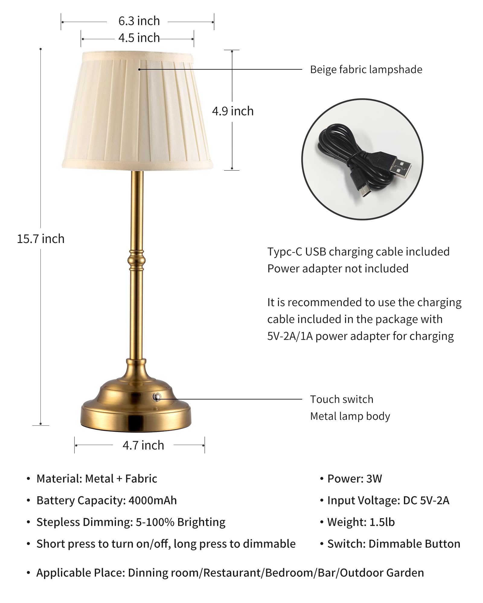 Kdg Cordless Led Table Lamp Set Of 2, Portables Fabric Shade Desk Lamps, 4000Mah Rechargeable Battery Powered Lighting, Dimmable