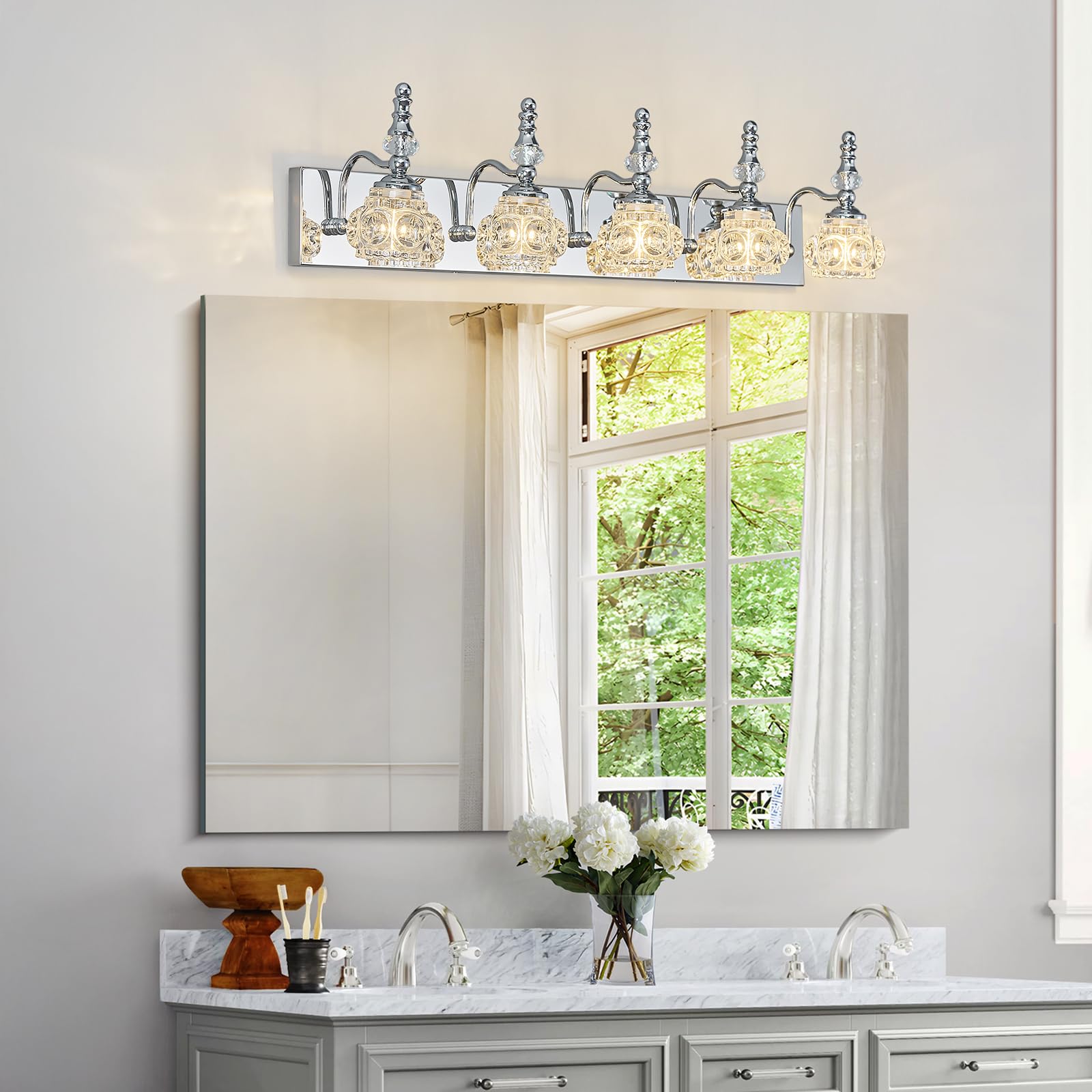 Lbsqj Modern Glass Crystal Vanity Light - Vintage Bathroom Lighting Fixtures Over Mirror  5 Light Vanity Lights  G9 Bulb (35.43 Inch  Chrome)