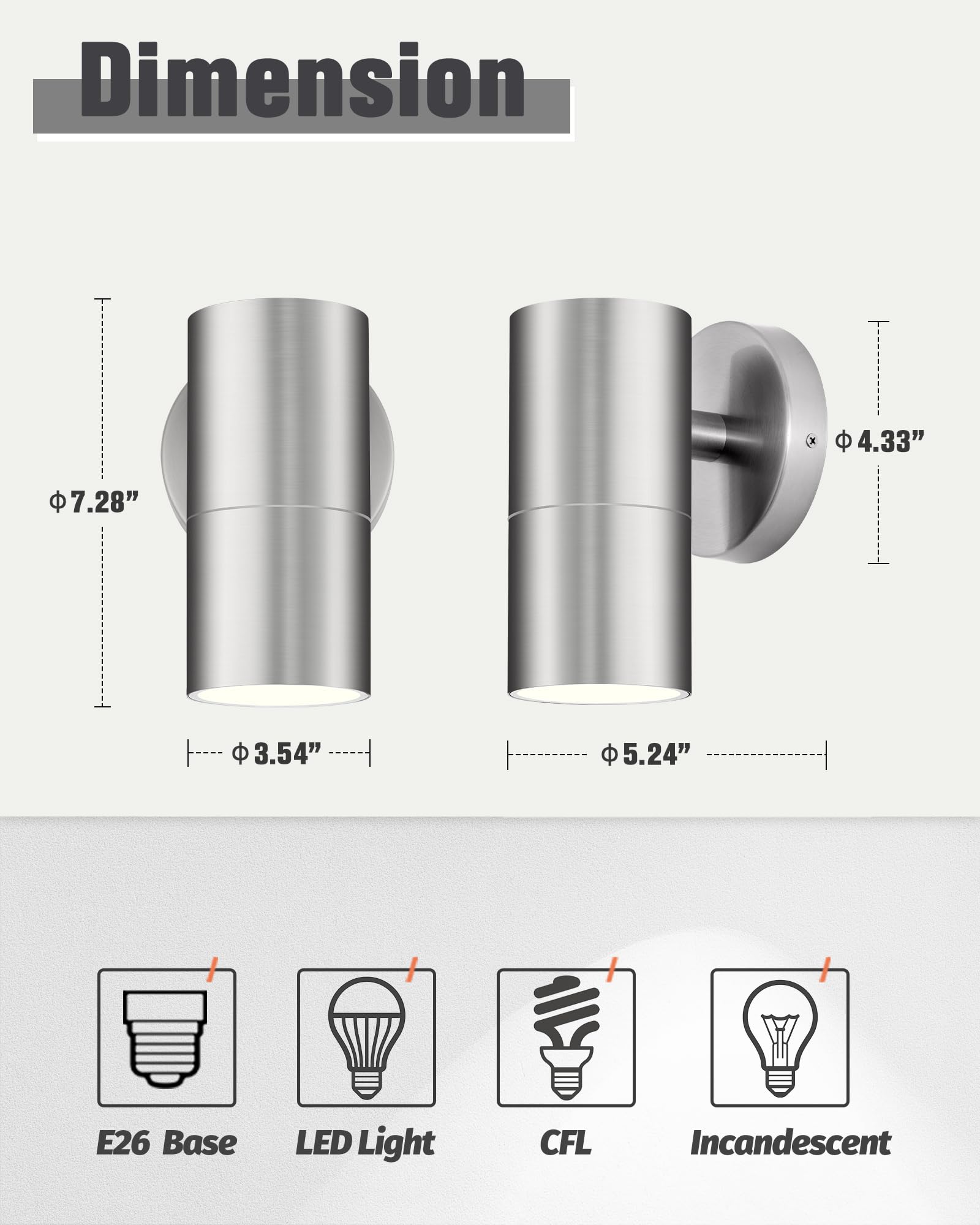 Ken & Ricky Stainless Steel Outdoor Wall Sconce, Modern Porch Light, 1 Pack, Brushed Nickel, Model KR3309-SS-1PK
