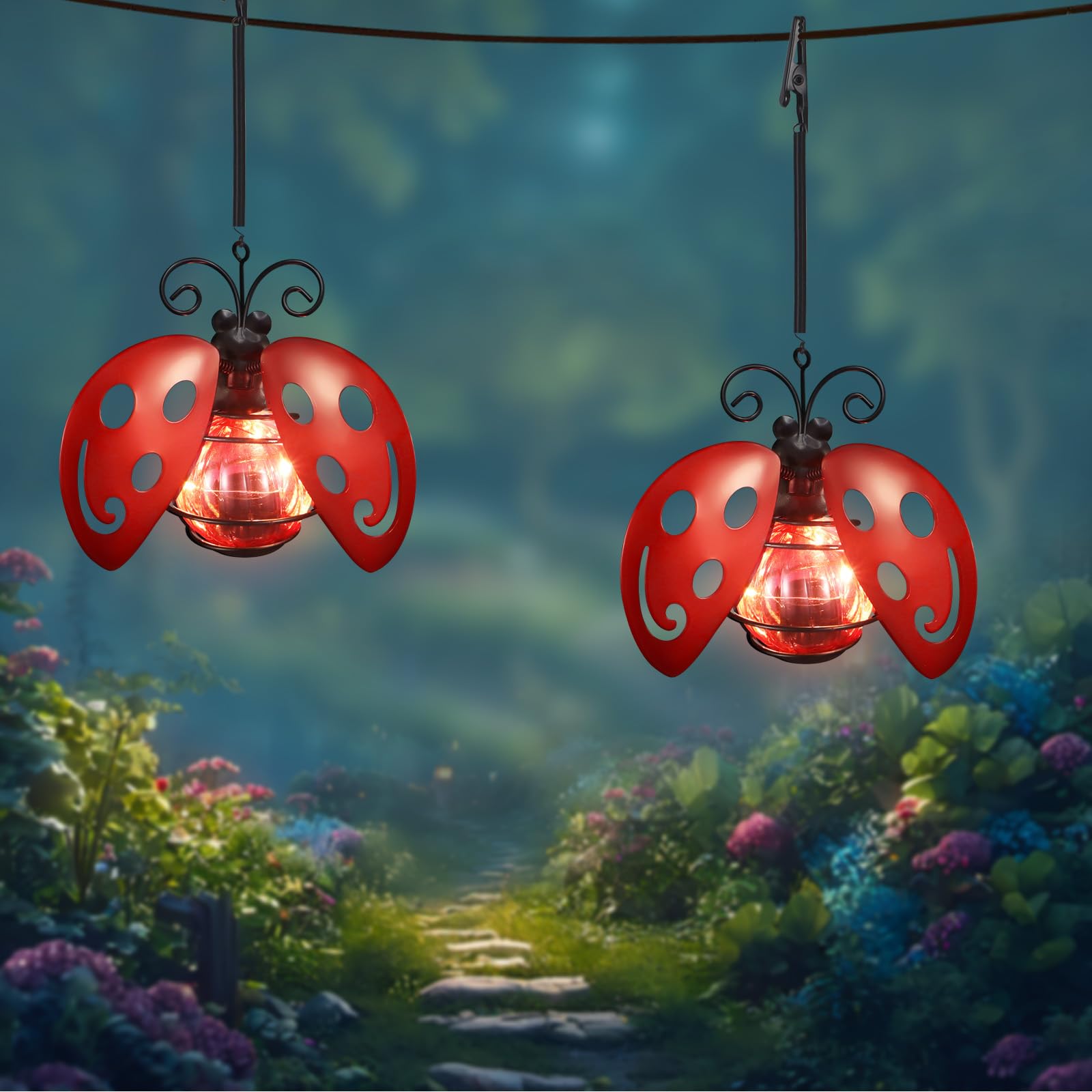 2 Pack Lady Bug Solar Outdoor Hanging Lantern Creative Small Sculpture Lights Durable Waterproof Lamp Suitable For Festivals Garden Decor Birthday Gifts For Grandma Mom Women Girl