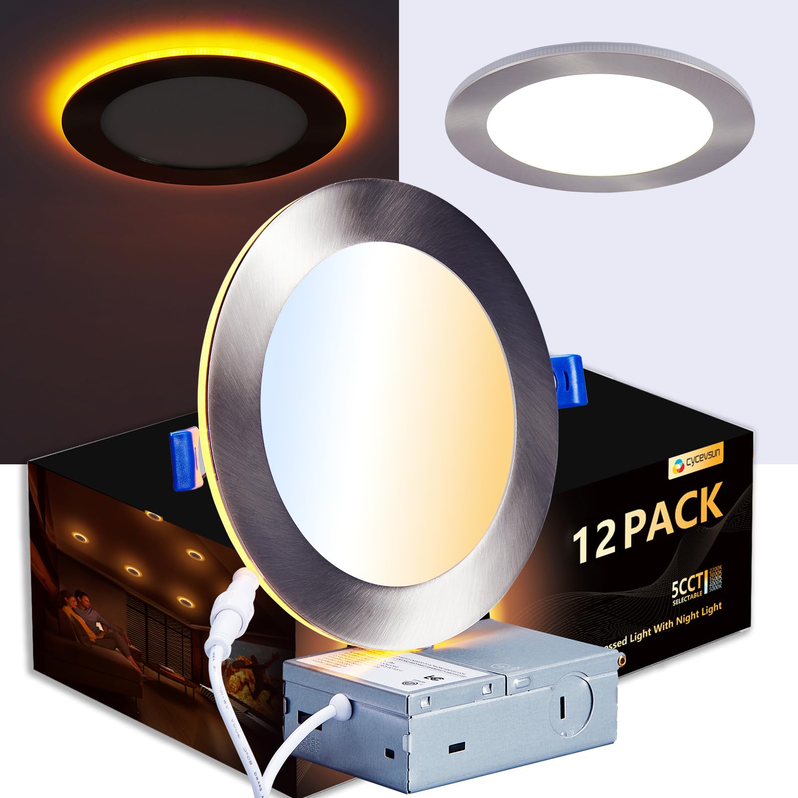 CycevSun Brushed Nickel Recessed Lighting 6 Inch with Night Light 12 Pack, Canless Ultra Thin Wafer Downlight Outdoor Exterior S