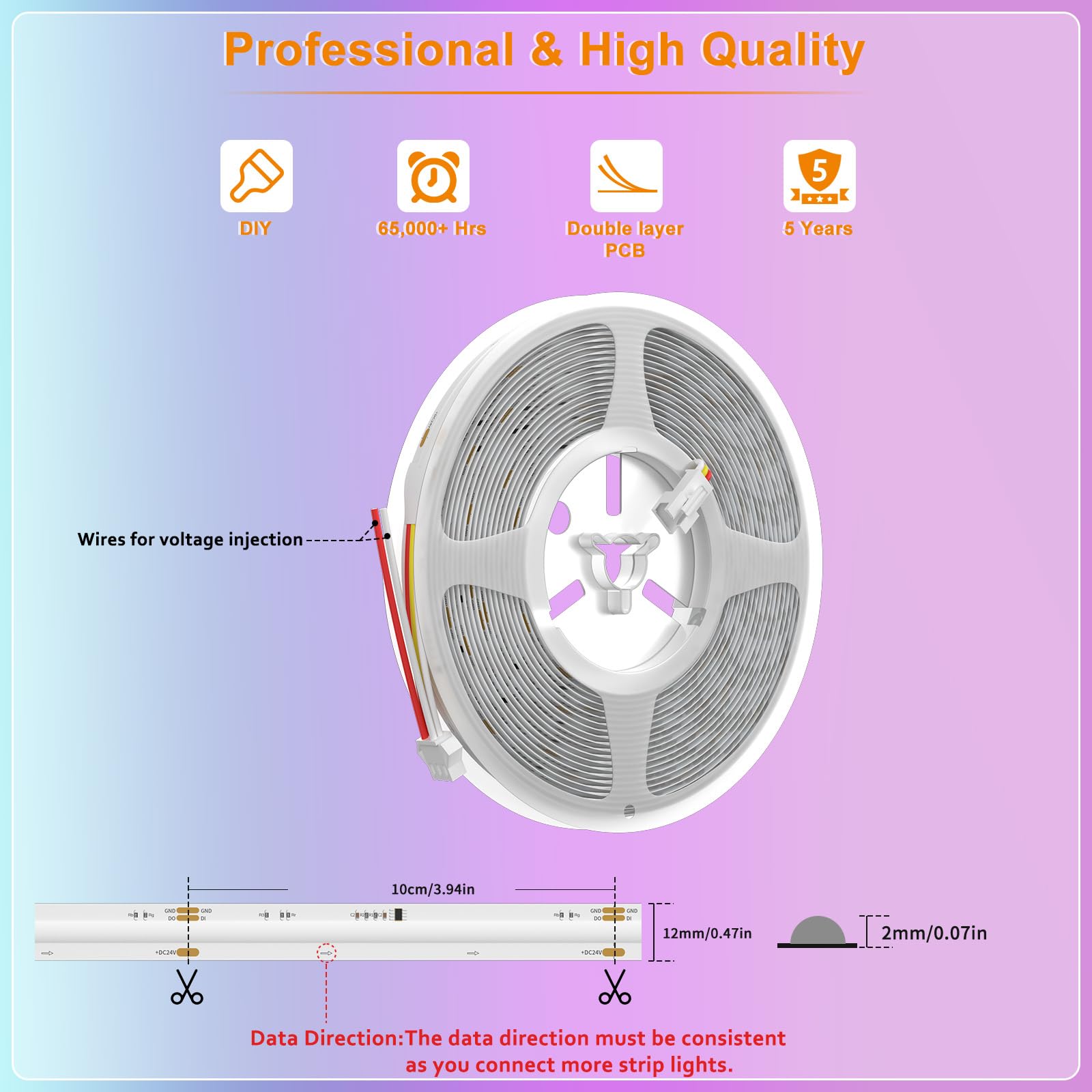 Pautix 32.8Ft Rgb Smart Ic Cob Led Strip Light, Ul-Listed 24V Addressable Flexible Tape Light