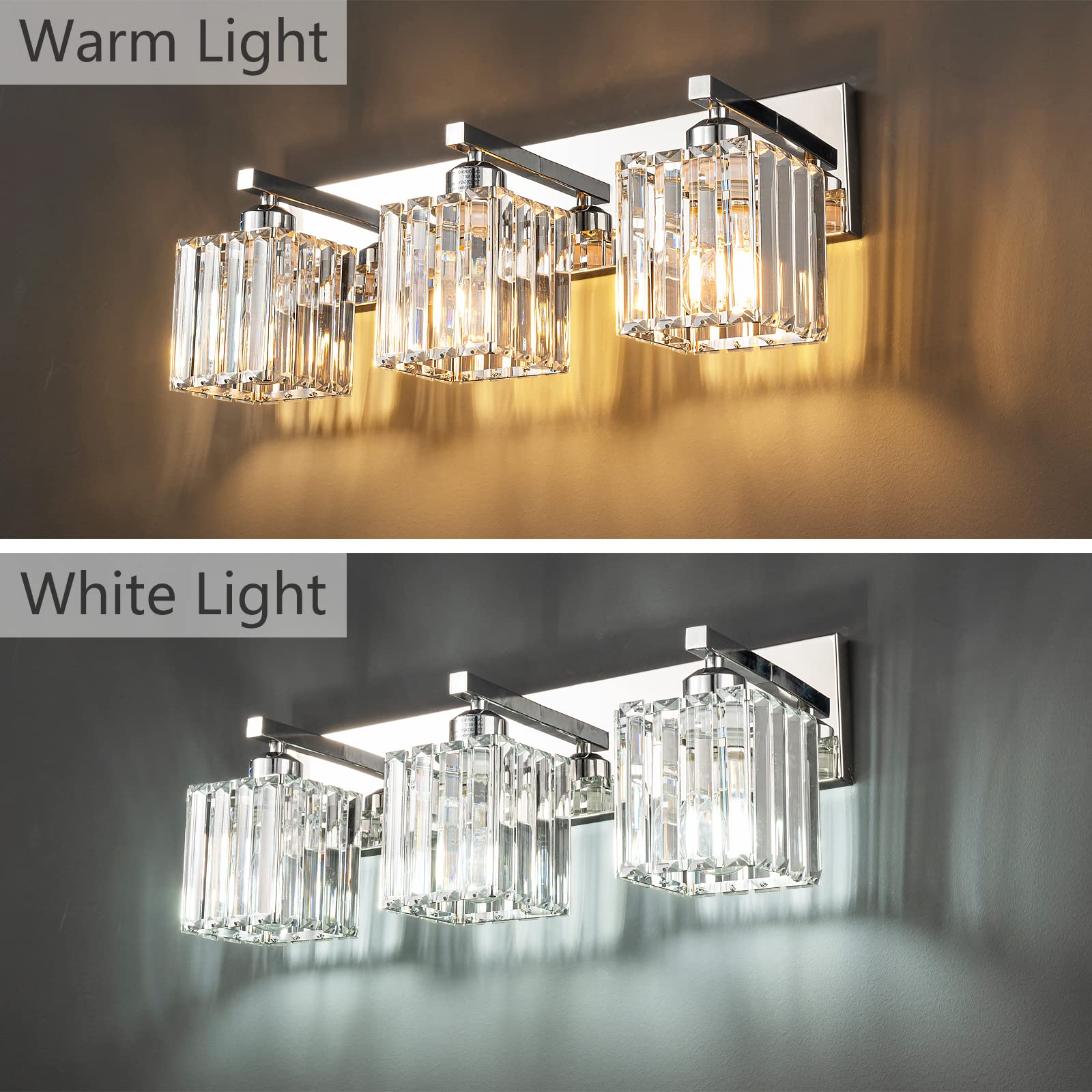 Fdpby Modern Bathroom Vanity Light 3-Lights Modern Chrome Crystal Bathroom Wall Light Bathroom Vanity Light Fixtures