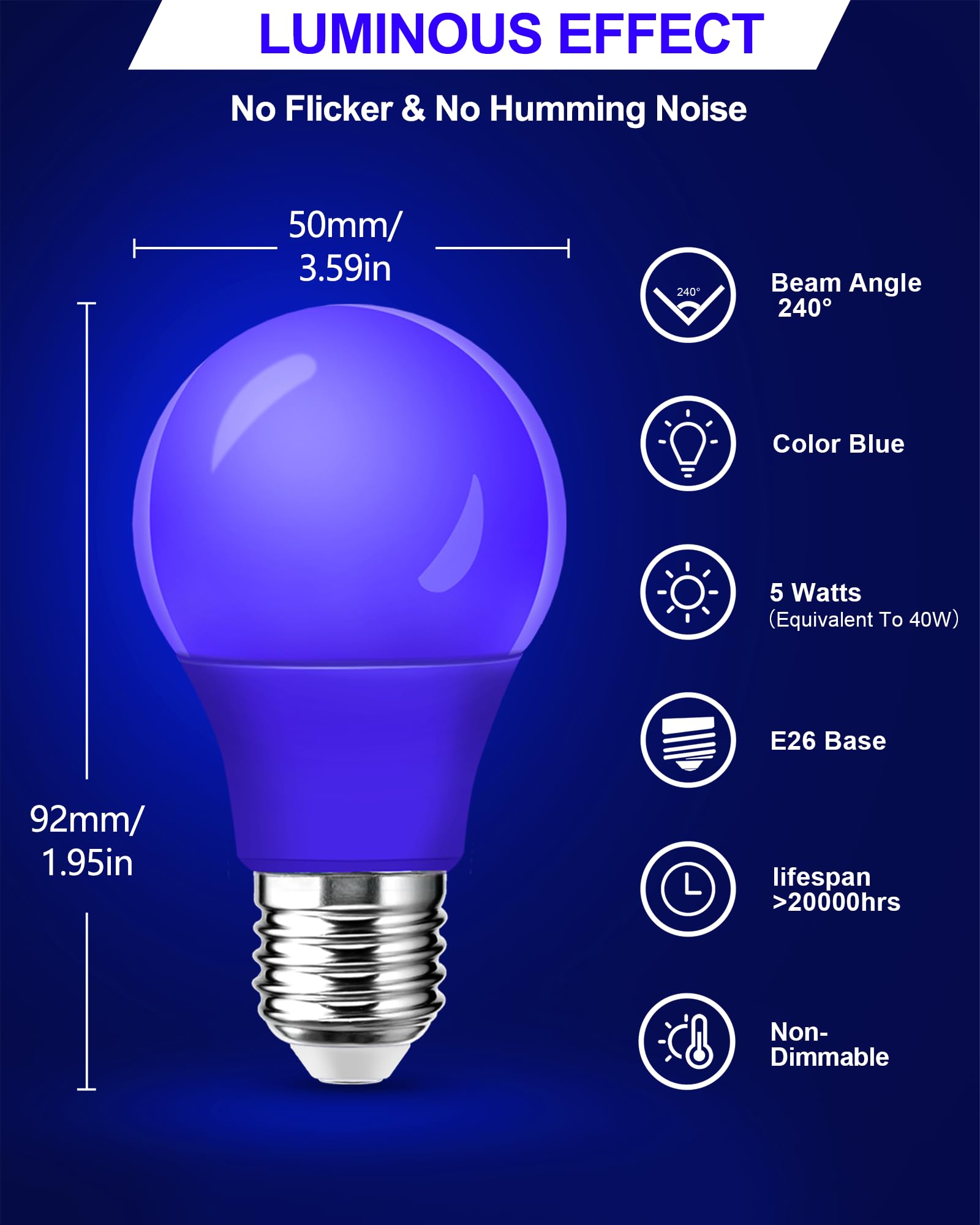 2 Pack A15 Led Blue Light Bulb For Party&Holiday Decoration  5W Equivalent 40Watt E26 Base  Blue Lighting For Halloween  Christmas  Home Decor  Indoor&Outdoor  Nightlight  Porch Lights  Non-Dimmable