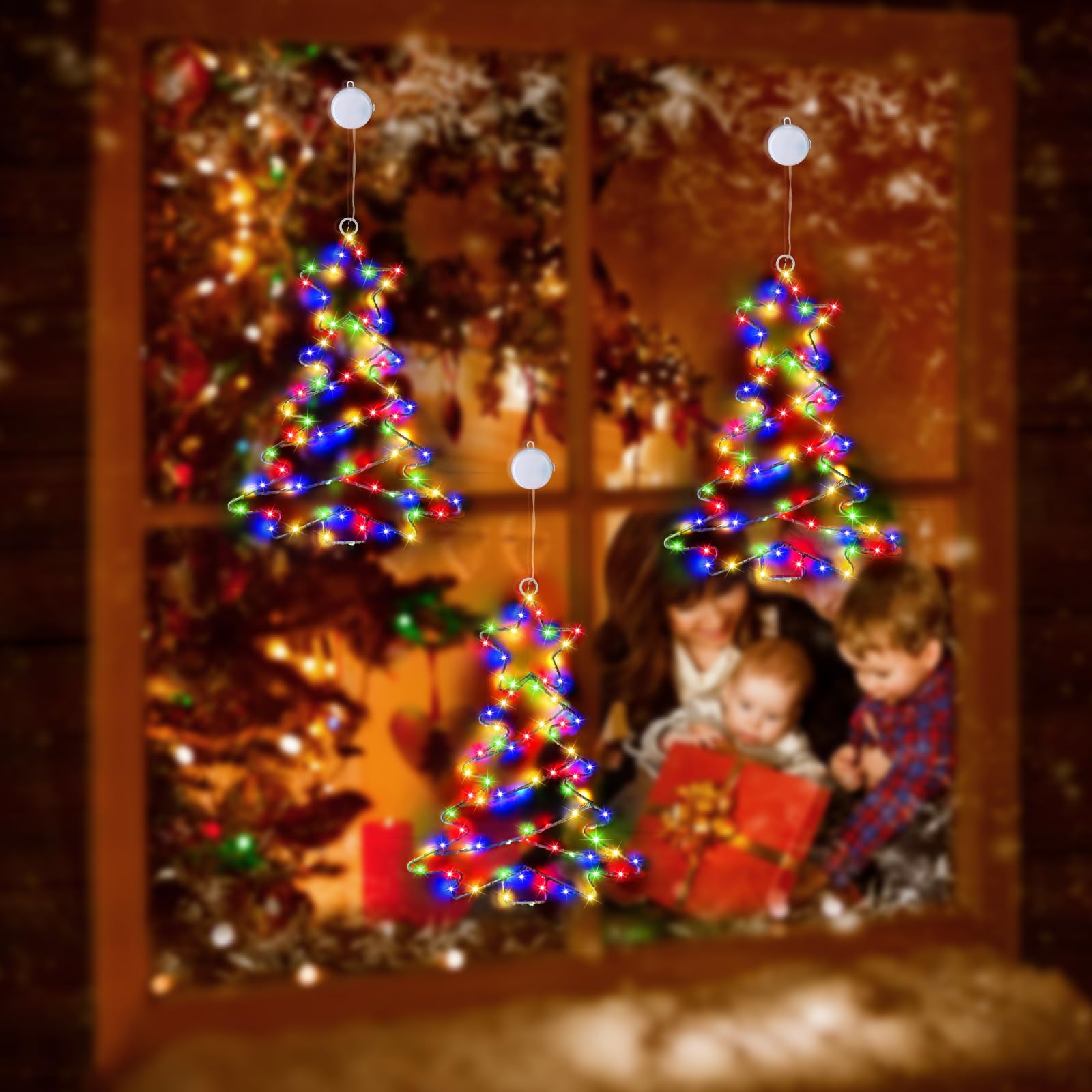 Muyun Christmas Window Lights Decorations Iron Frame Christmas Tree Lights With Suction Cup,Timer,Battery Operated Window Silhouette Lights For Home Wall Door Indoor Outdoor Decor(2Pcs)