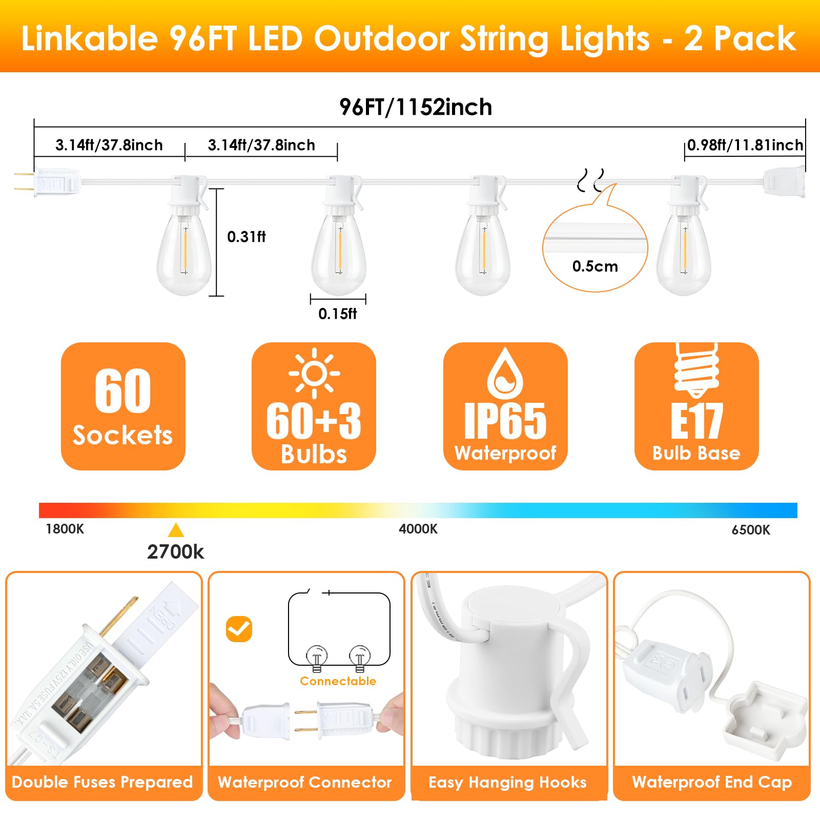 Larkvue 192Ft(2X96Ft) Led Outdoor String Lights, Linkable Patio Light With 60+3 2700K Waterproof Dimmable Hanging Bulbs For Perg