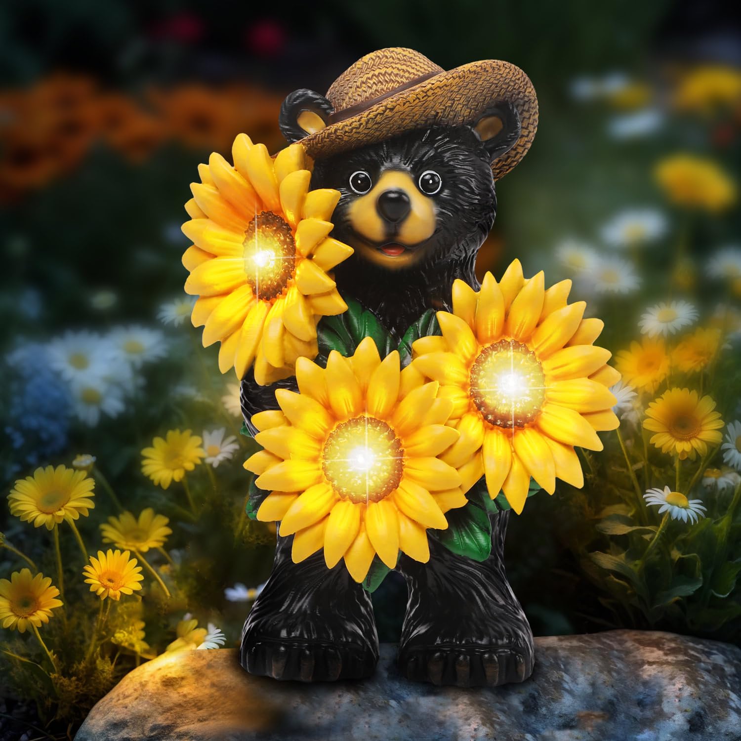 Bear Statue with Sunflowers LED Light 7.2 Solar Lamp Outdoor Garden Patio Yard Porch Lawn Decor Waterproof Resin Black Bear Figu