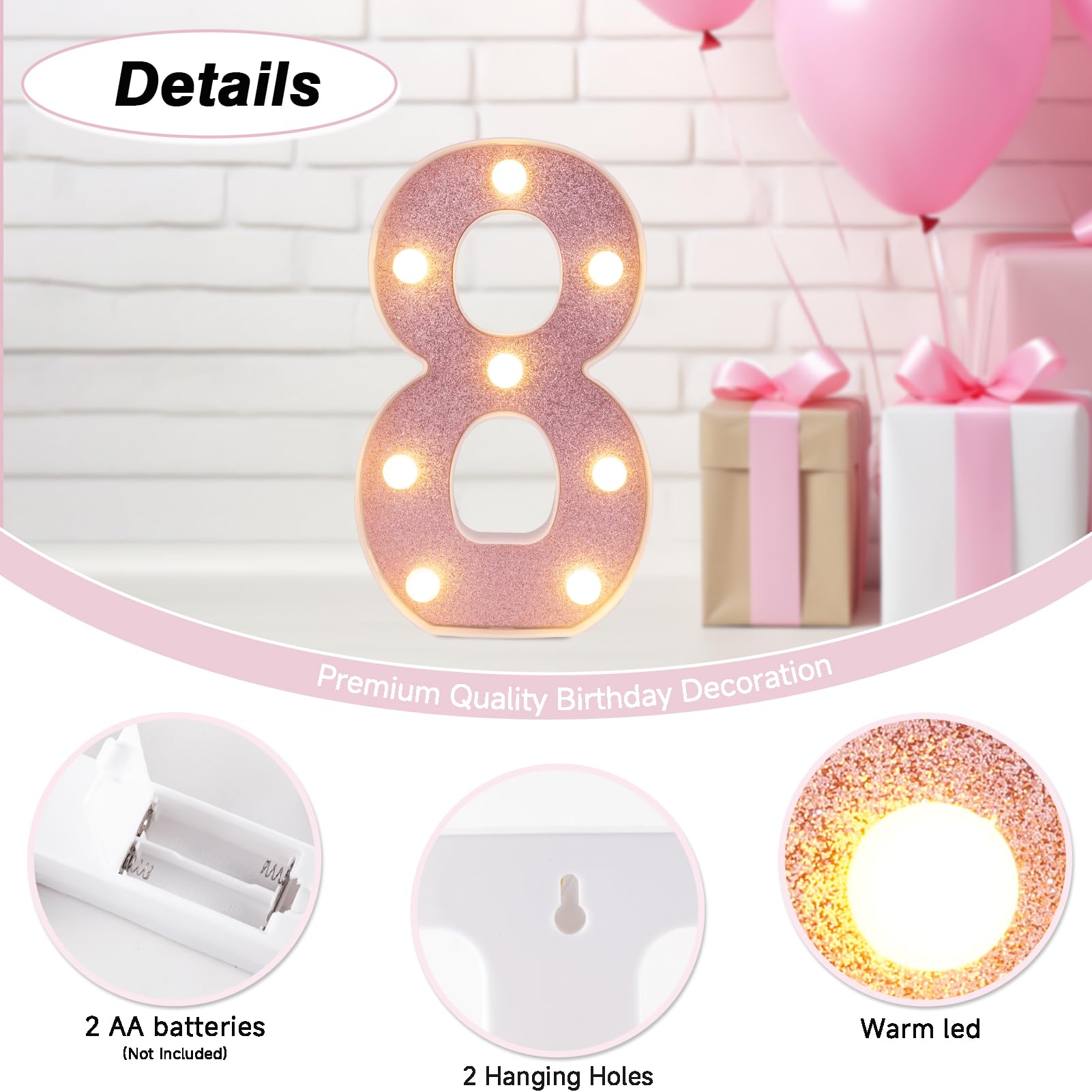DyingSwan LED Marquee Number 8, 8.58 Inch Pink Glitter Light Up Decor, Battery Powered Plastic Party Night Light